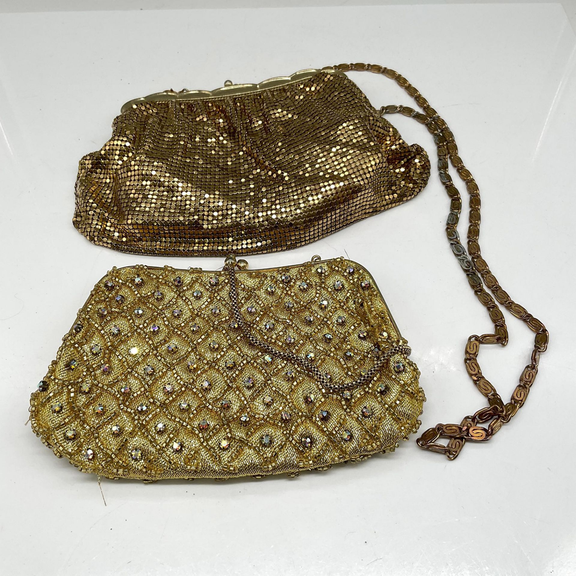 2pc Gold Metal Mesh and Rhinestone Evening Purses