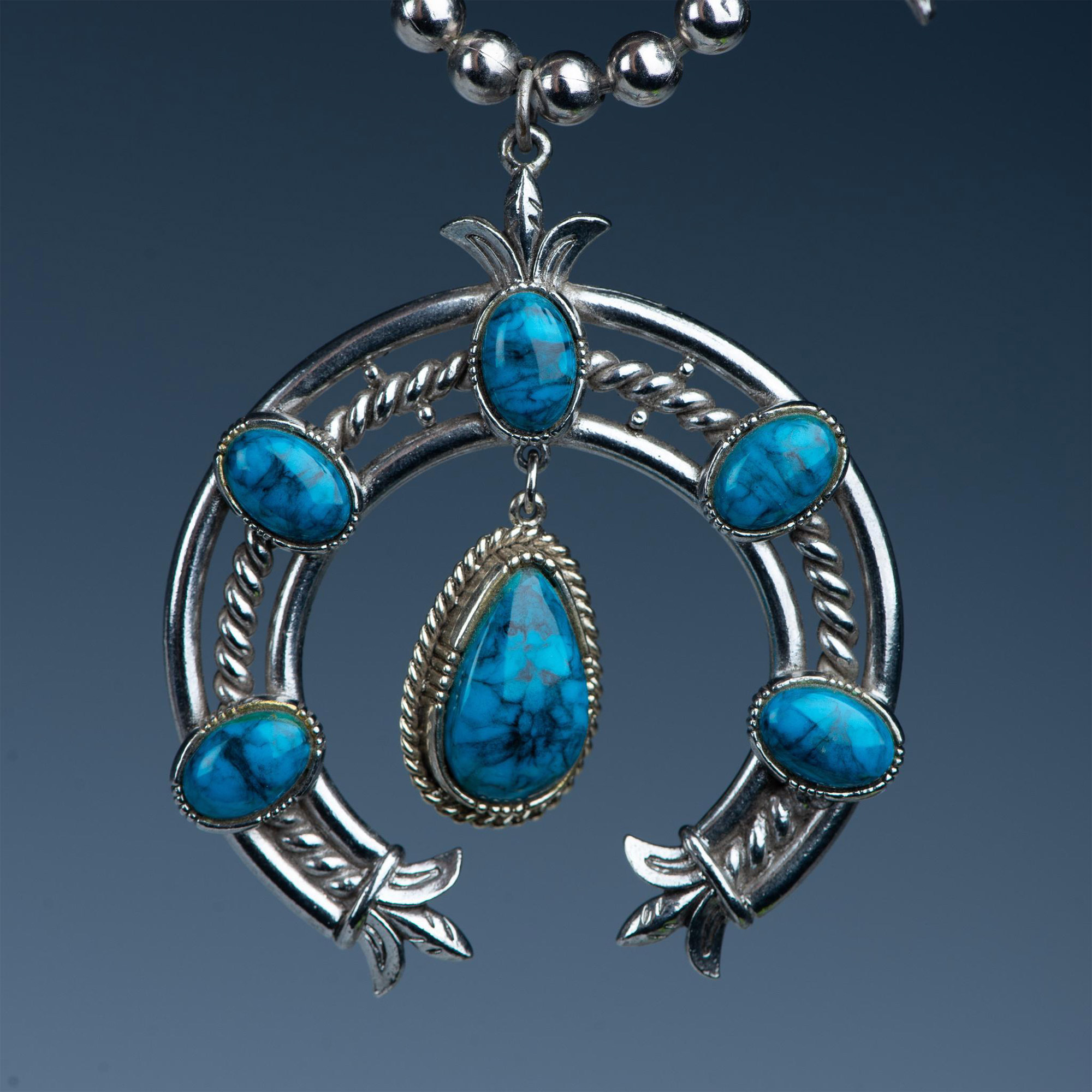 Native American Style Faux Turquoise Squash Blossom Necklace - Image 2 of 3