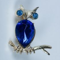 Cute Silver Metal & Blue Rhinestone Owl Brooch