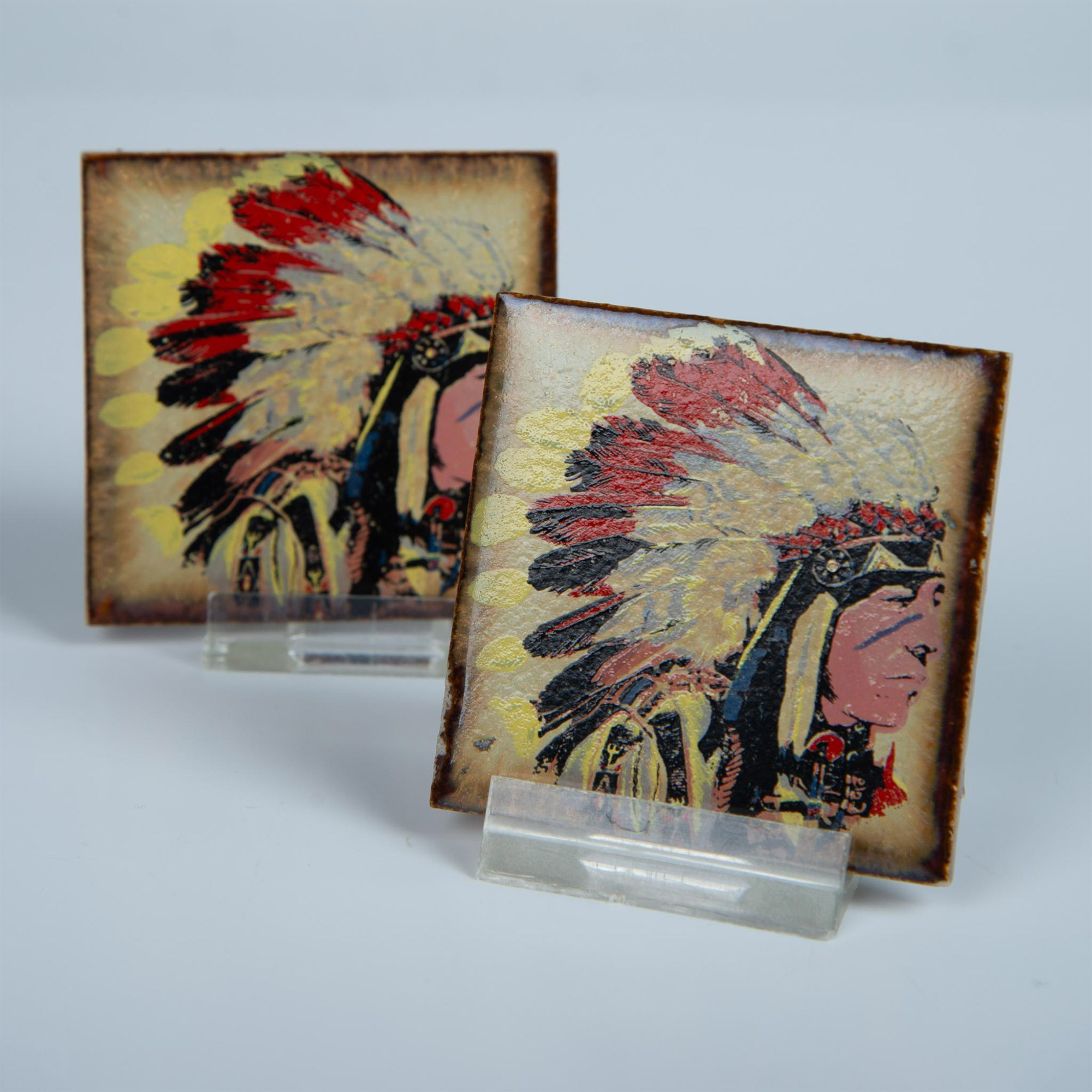 2pc Native American Miniature Painted Portrait Tiles - Image 2 of 4
