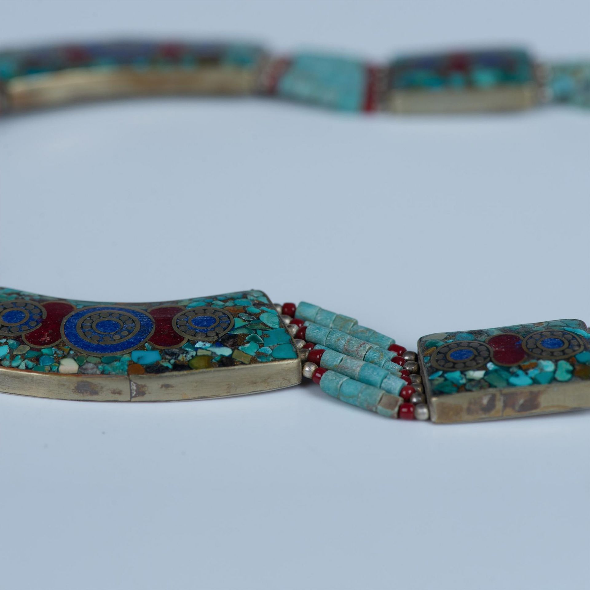 Tibetan Sterling Silver Turquoise & Coral Inlay Necklace - Bild 5 aus 6