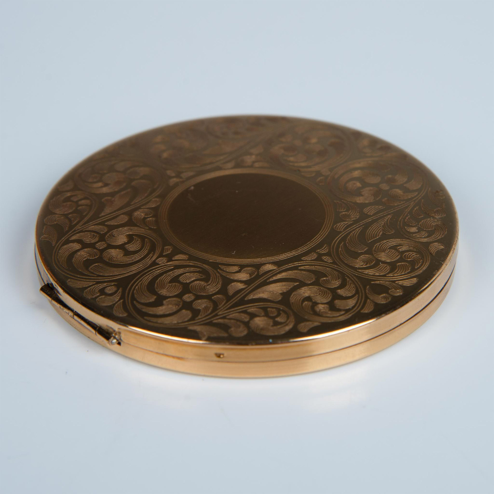 Vintage Elgin Round Etched Gold Metal Compact & Puff - Image 2 of 5