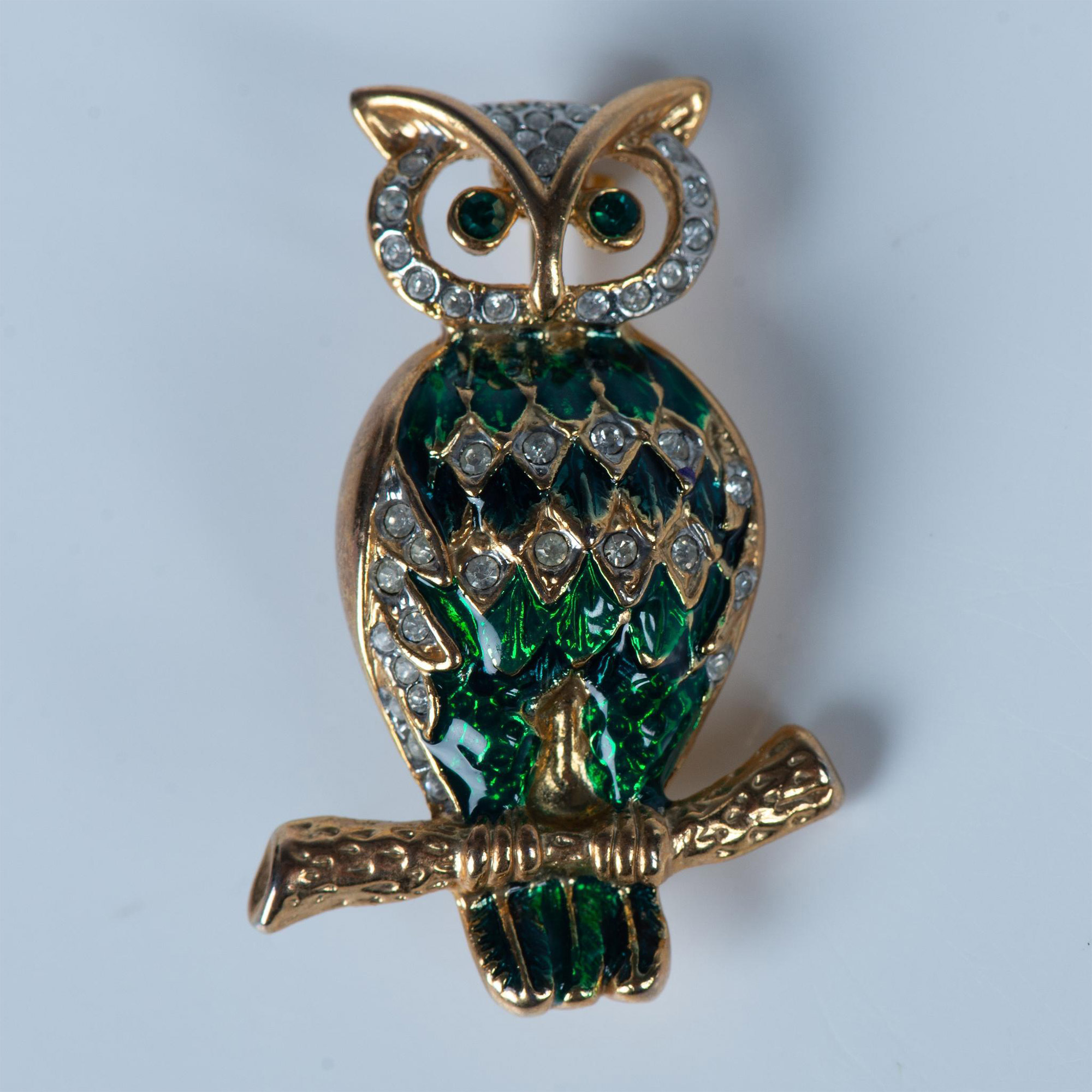 Gold Tone Rhinestone & Enamel Owl Brooch