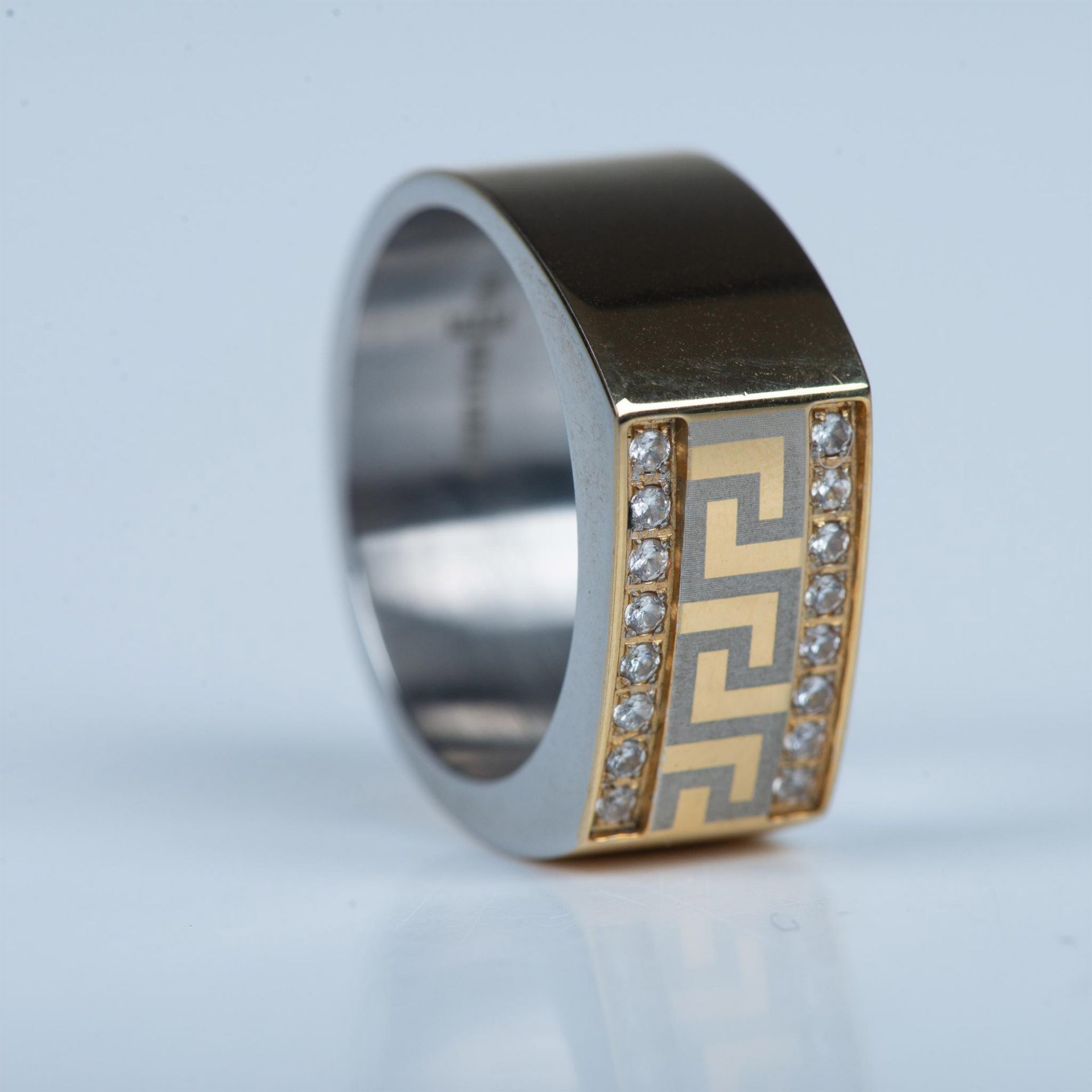 Bold Gold Tone Stainless Steel CZ Greek Key Ring - Image 3 of 6