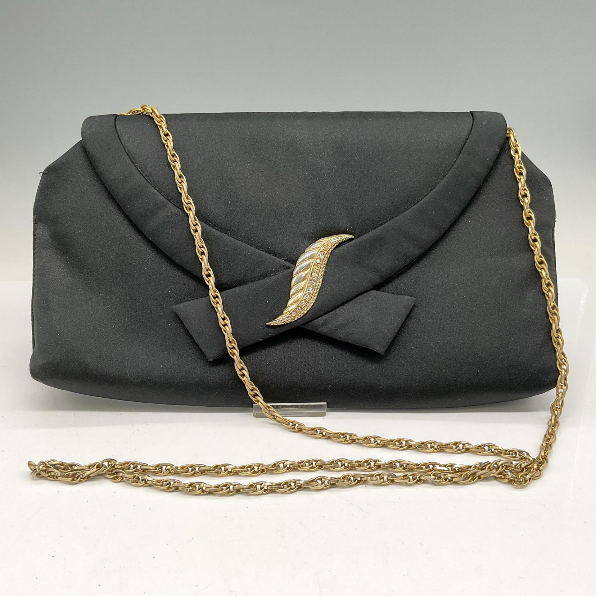 Rodo Black Satin Evening Clutch Bag with Brooch