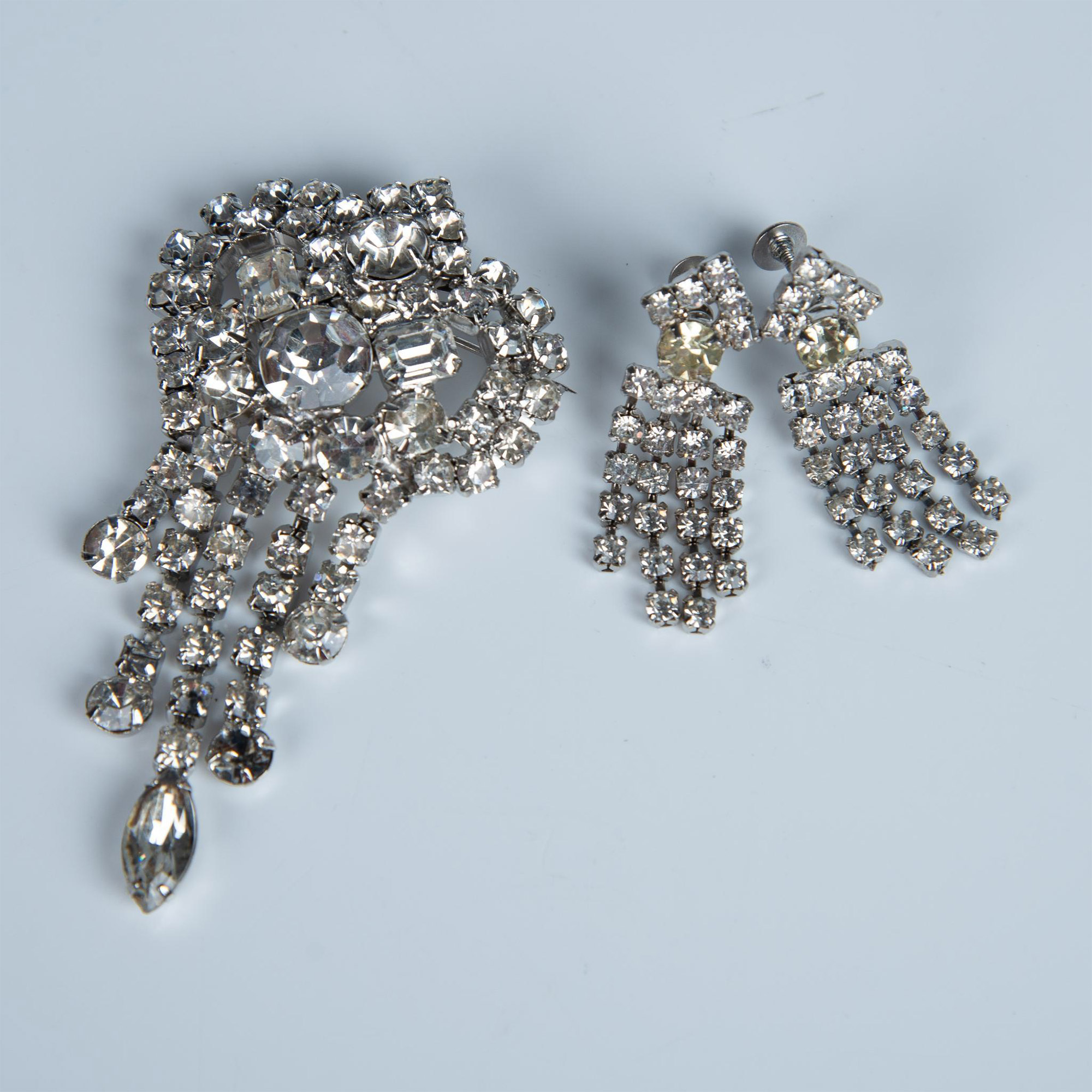 2pc Silver Metal Rhinestone Screw-Back Earrings & Brooch