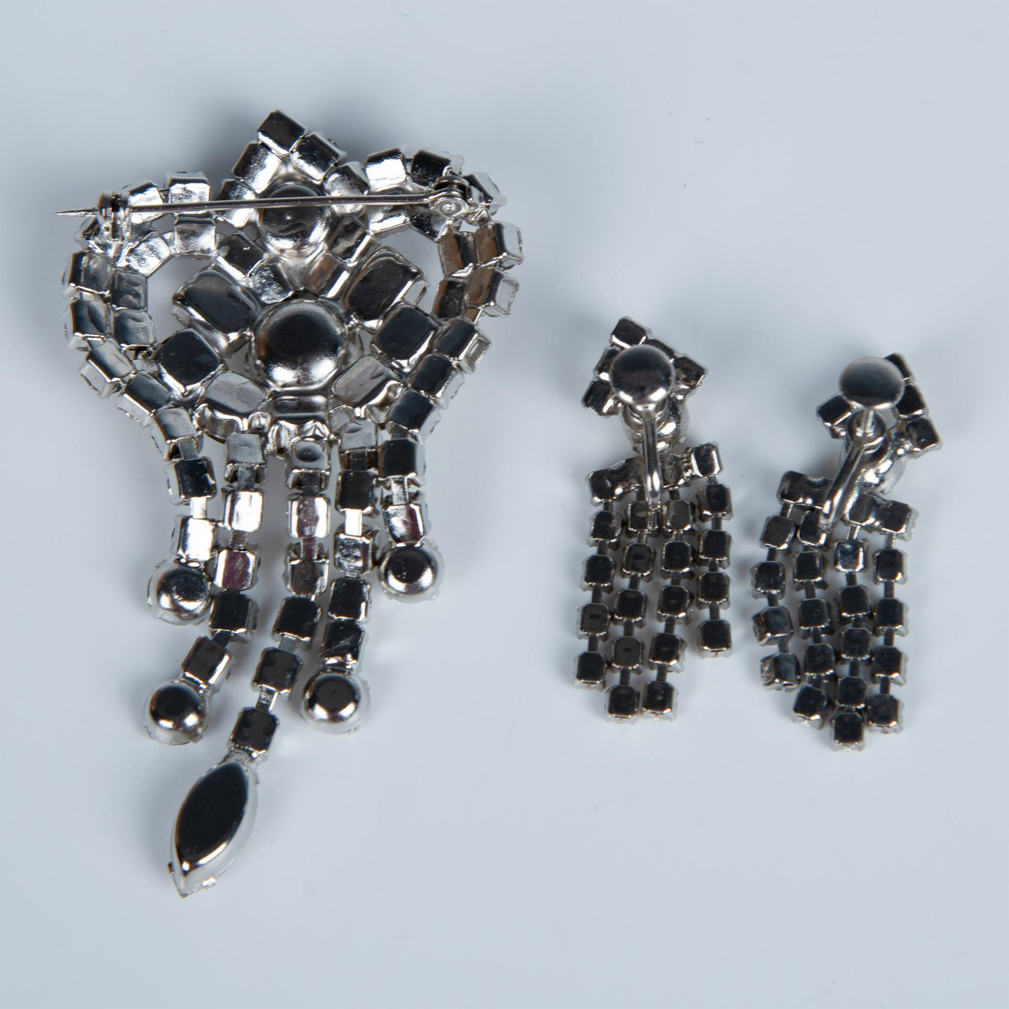 2pc Silver Metal Rhinestone Screw-Back Earrings & Brooch - Image 2 of 3