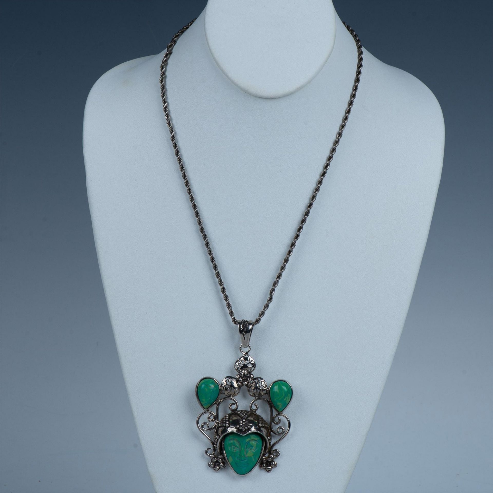 Mid-Century Sterling & Turquoise Bali Moon Goddess Necklace - Image 2 of 3