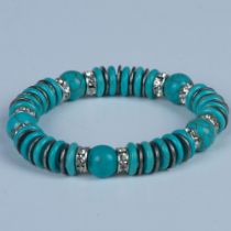 1970's Faux Turquoise & Rhinestone Stretchy Costume Bracelet