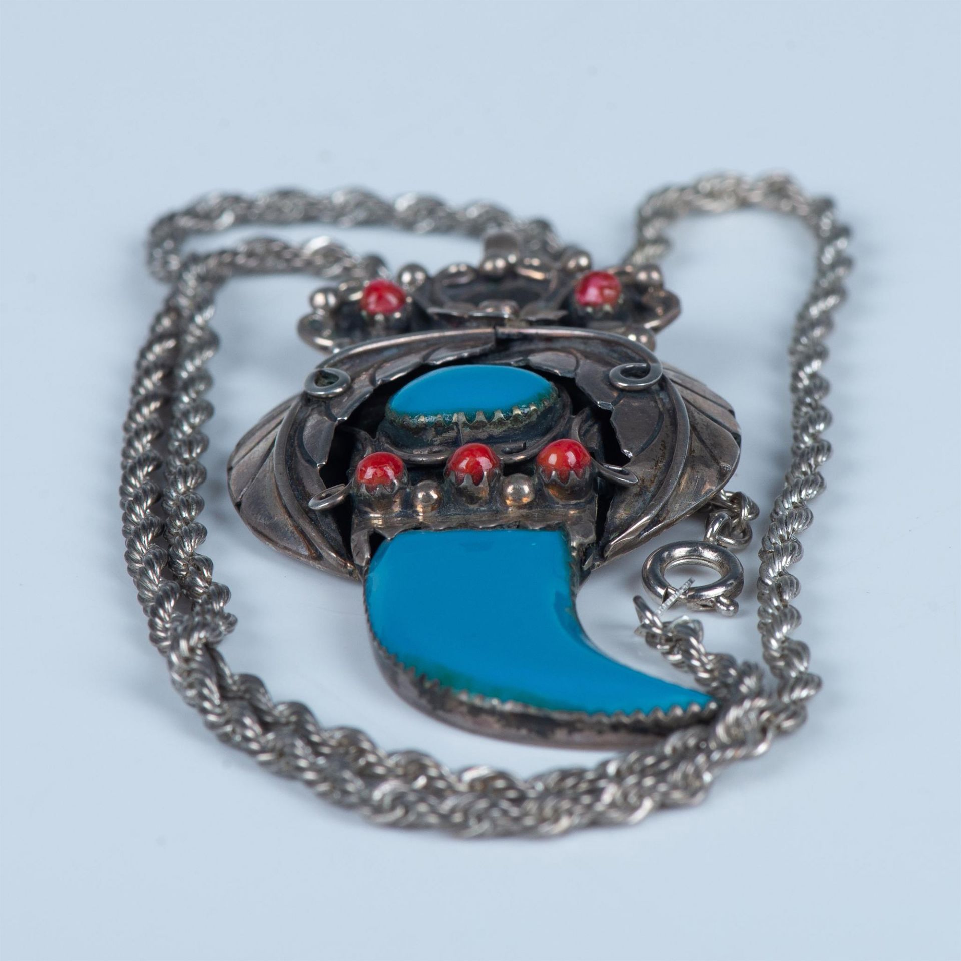 Handmade Sterling, Faux Turquoise & Coral Fang Necklace - Image 5 of 5