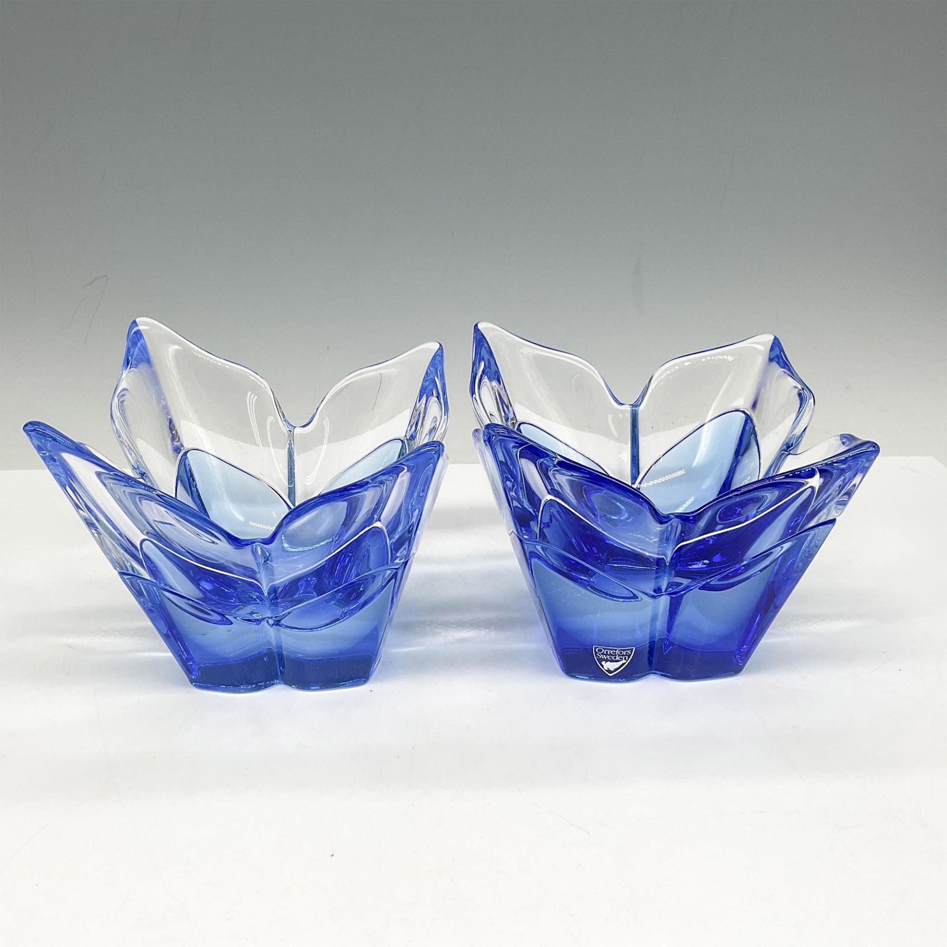 2pc Orrefors Lars Hellsten Blue Glass Lotus Bowl