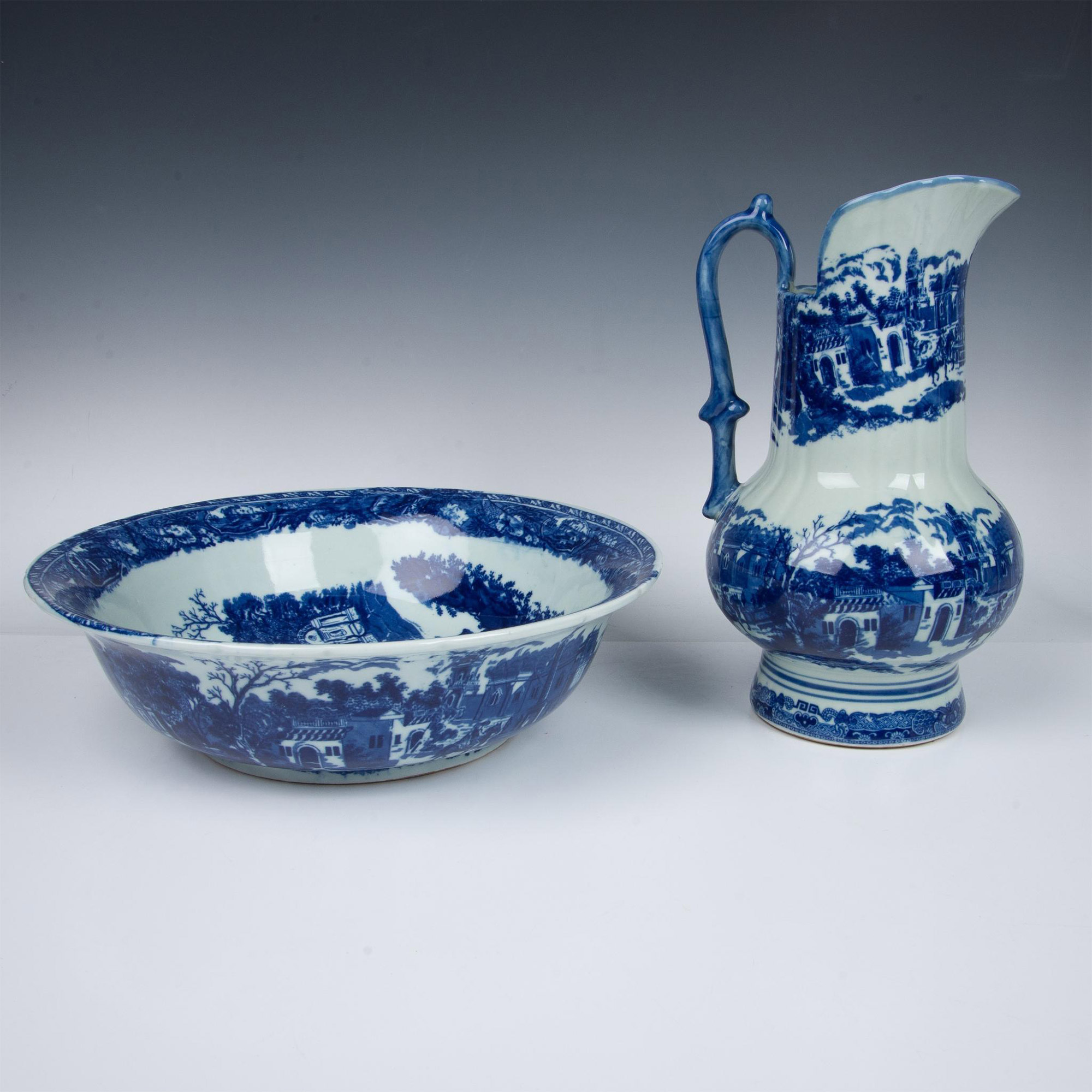 2pc Victoria Ware Ironstone Blue and White Pitcher and Bowl - Image 3 of 5