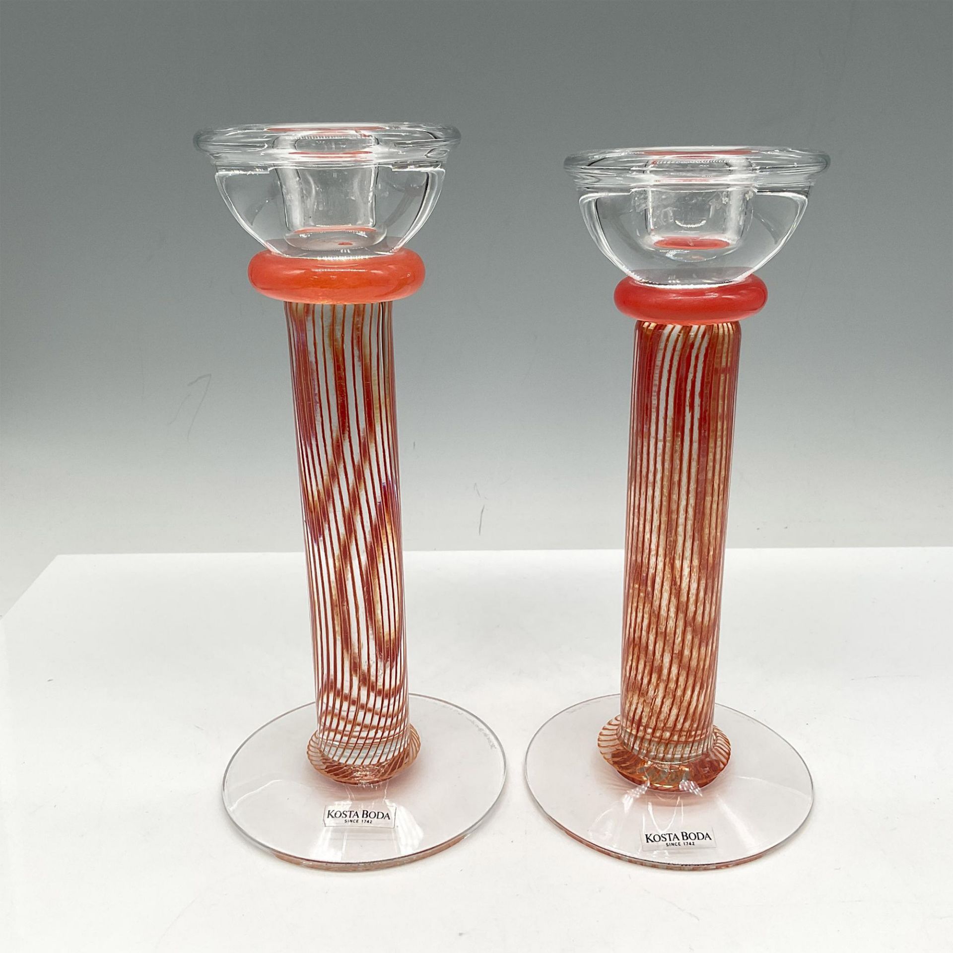 Pair of Kosta Boda Glass Candlestick Holders, Filipa Taper