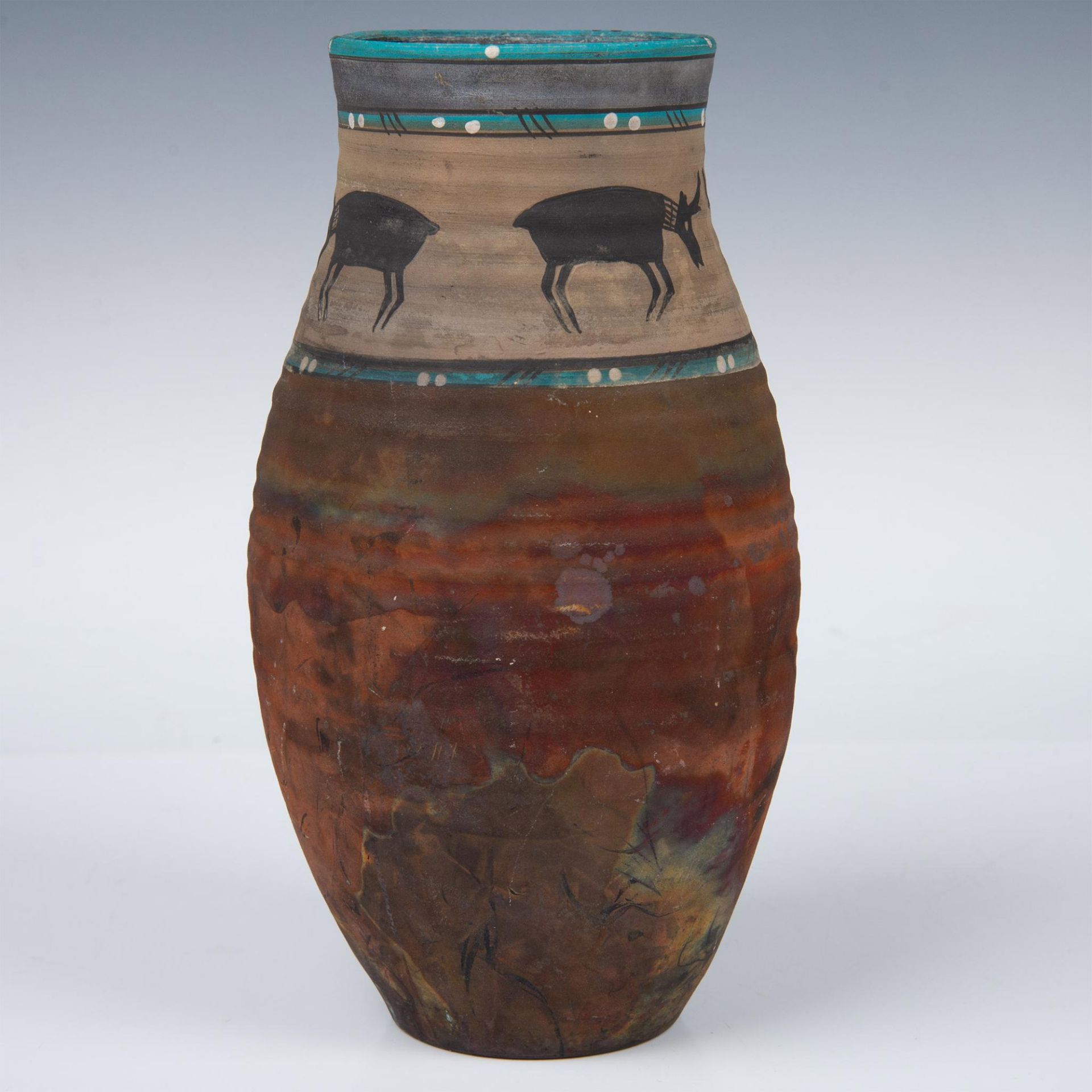 Native American Raku Fired Black Antelope Vase - Image 2 of 4