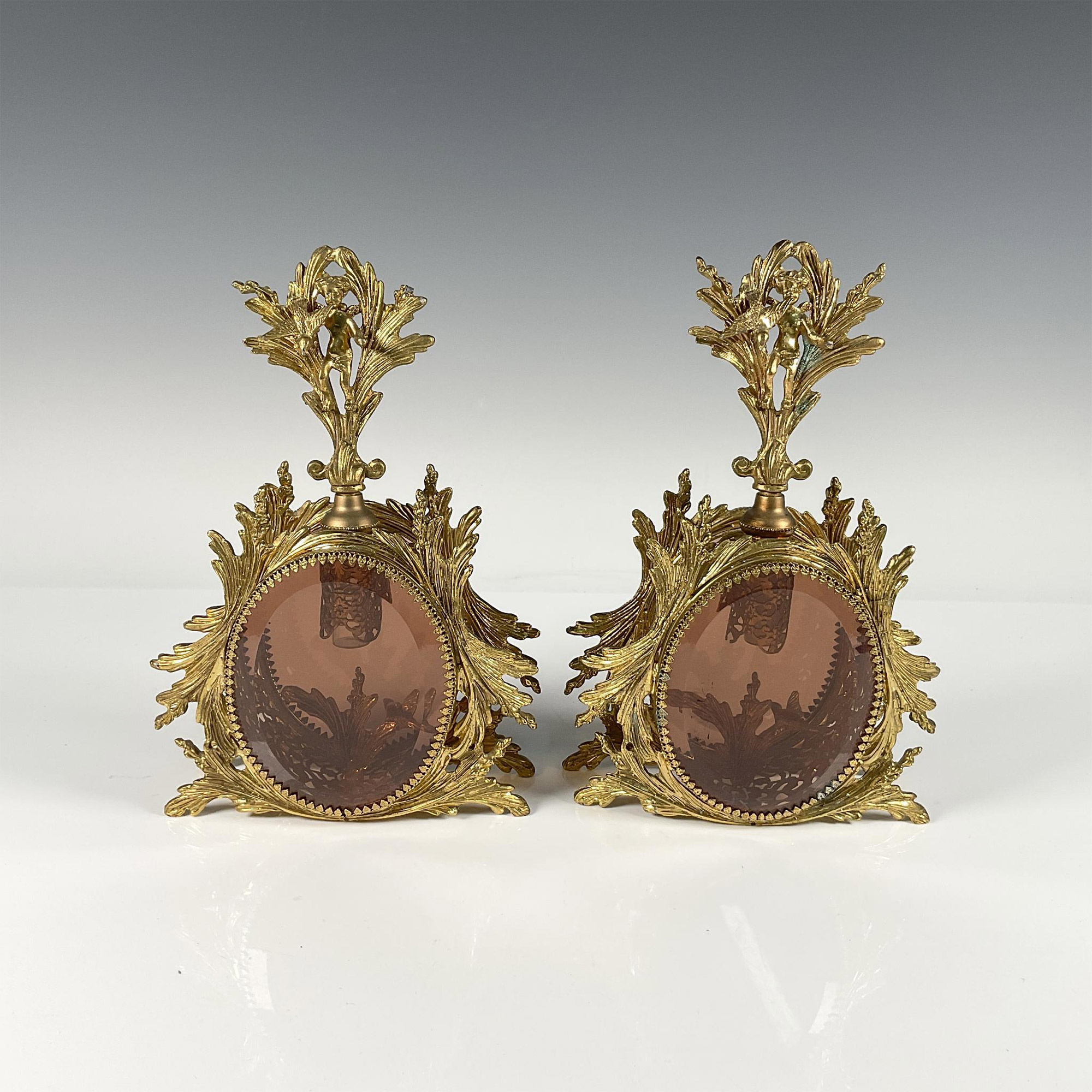 Pair of Gilded Brass Filigree Perfume Bottles