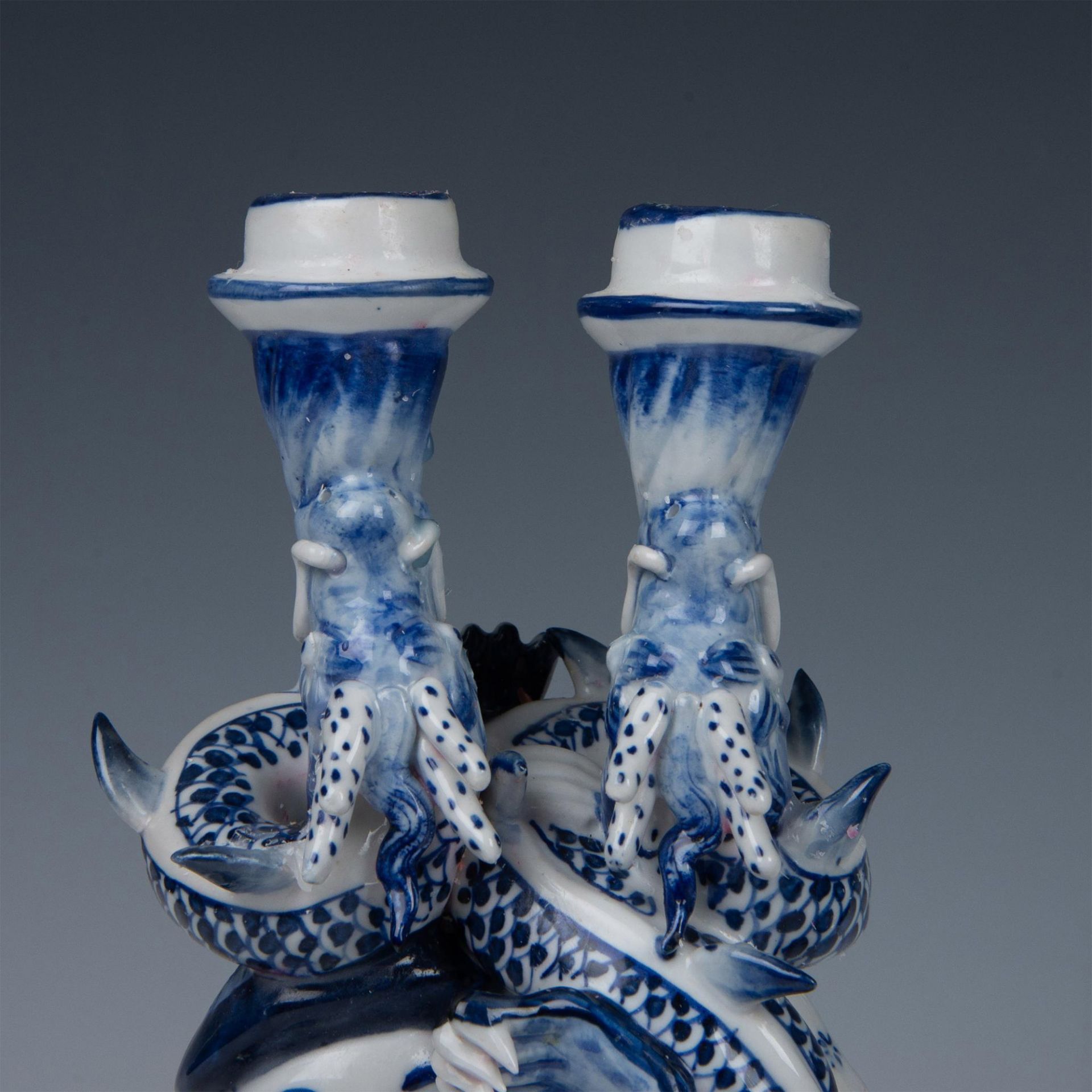2pc Chinese Blue/White Porcelain Serpentine Candleholders - Image 3 of 7
