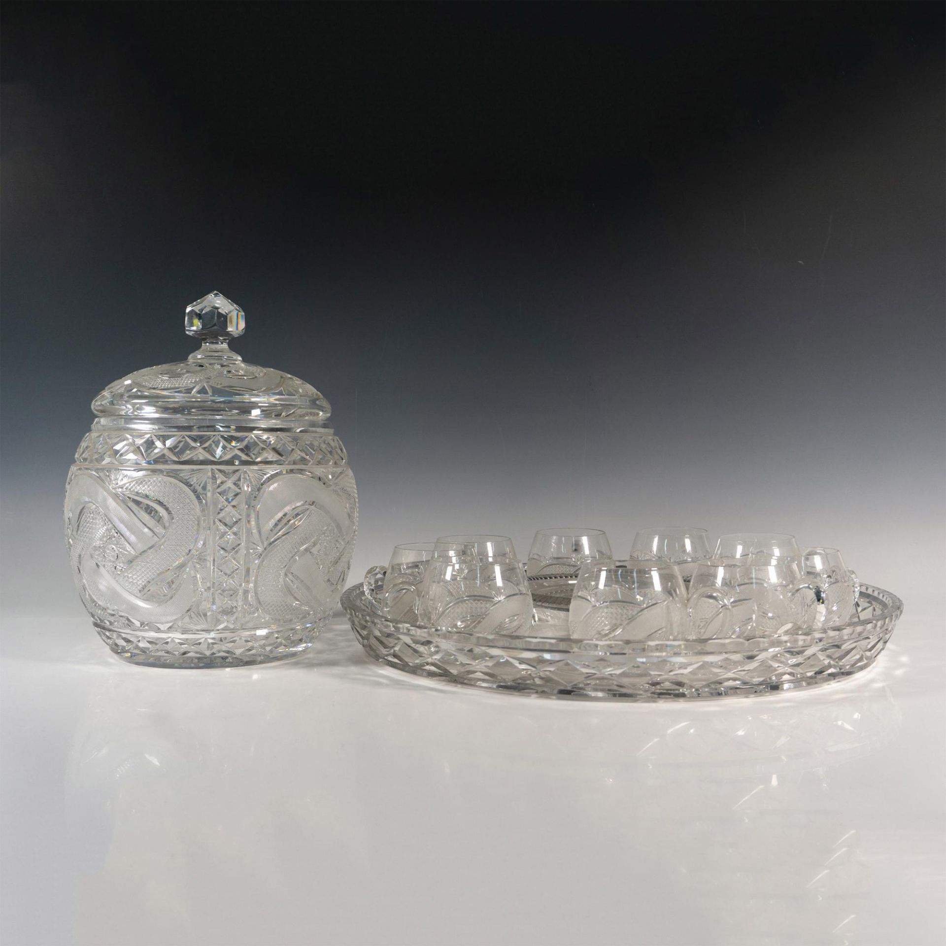 11pc Cut Crystal Lidded Punch Bowl, Tray & Cups Set