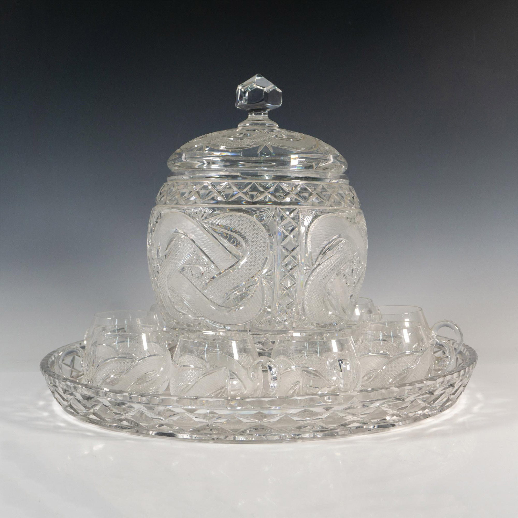 11pc Cut Crystal Lidded Punch Bowl, Tray & Cups Set - Image 3 of 4