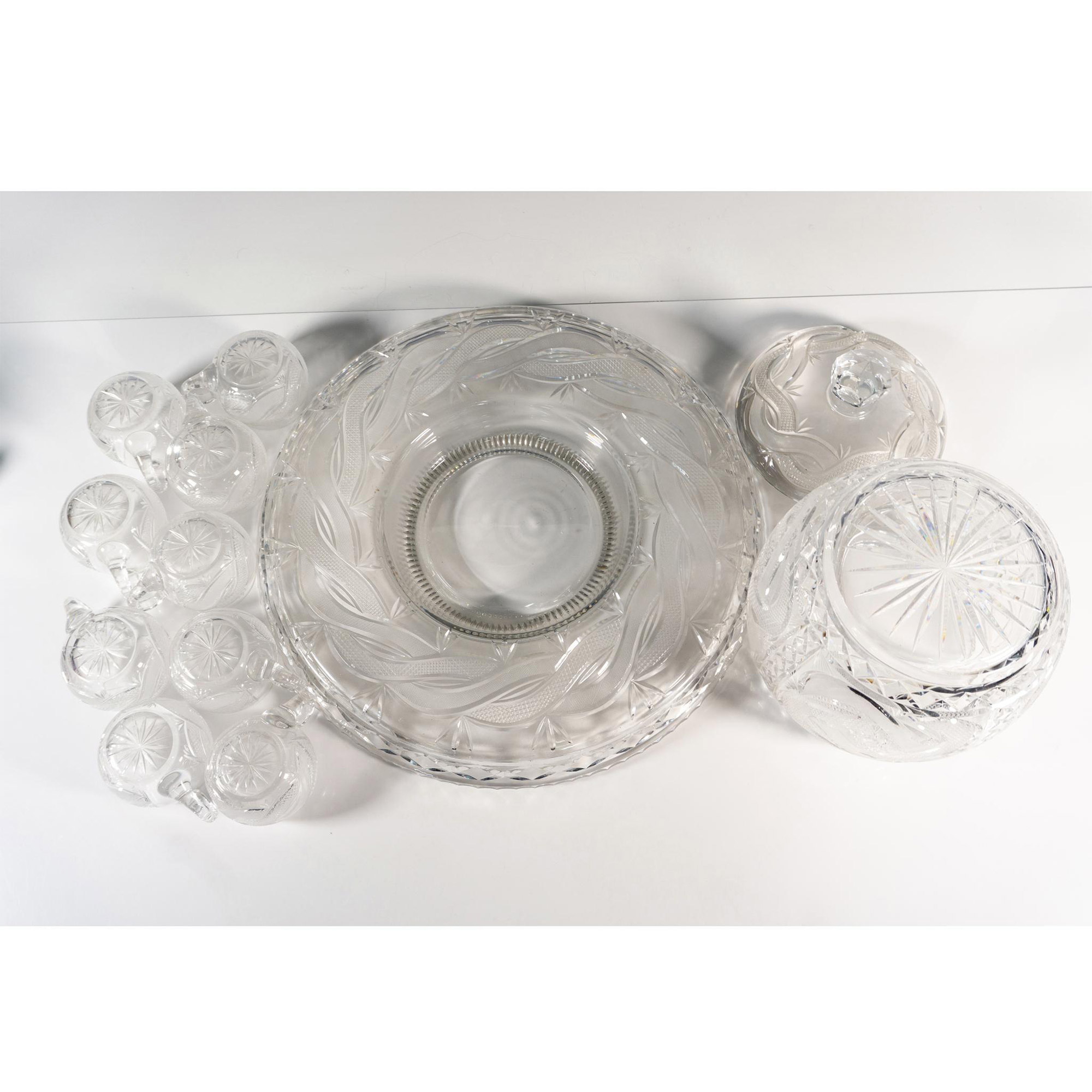 11pc Cut Crystal Lidded Punch Bowl, Tray & Cups Set - Image 4 of 4