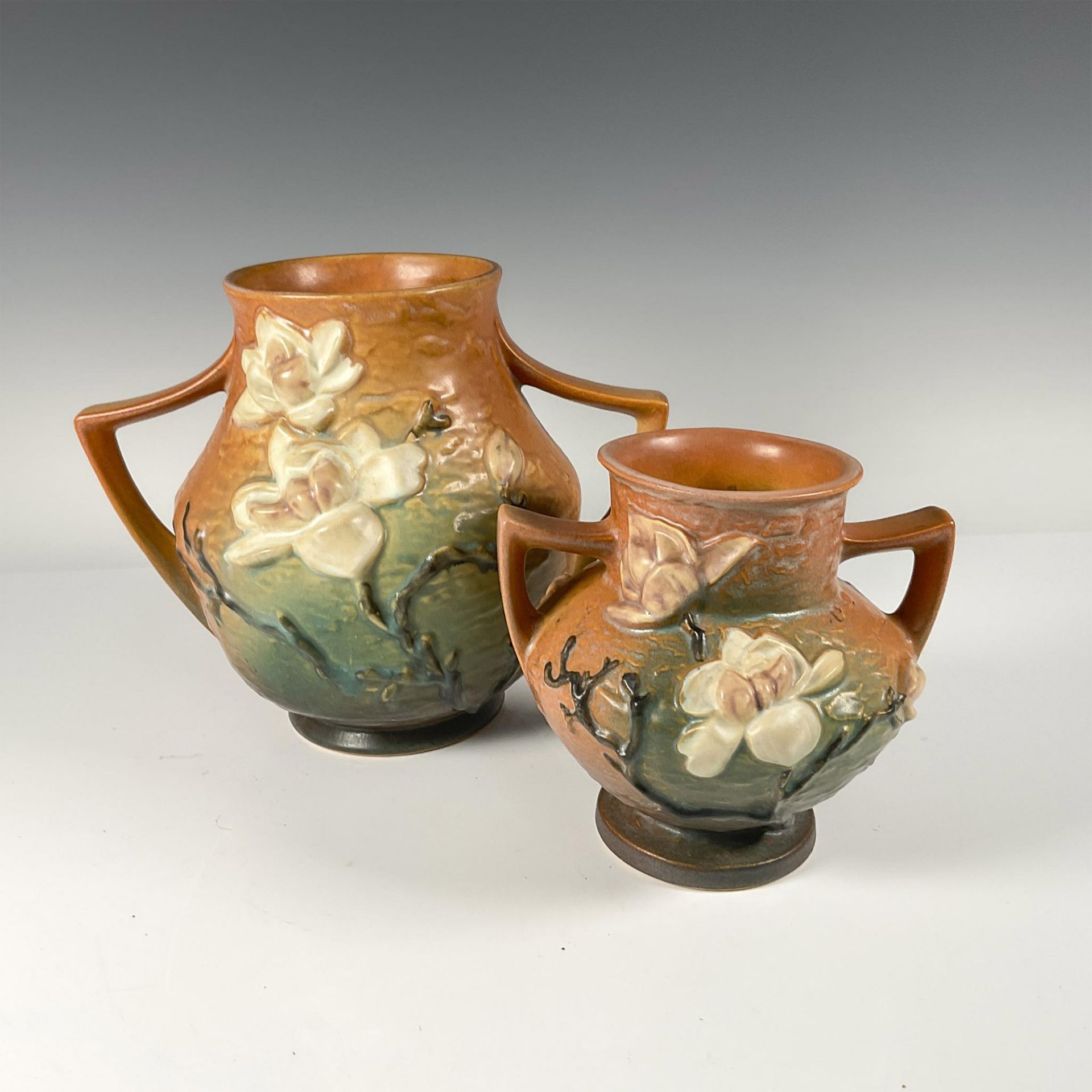 2pc Roseville Pottery, Brown Magnolia Vases 91 and 180 - Image 2 of 3