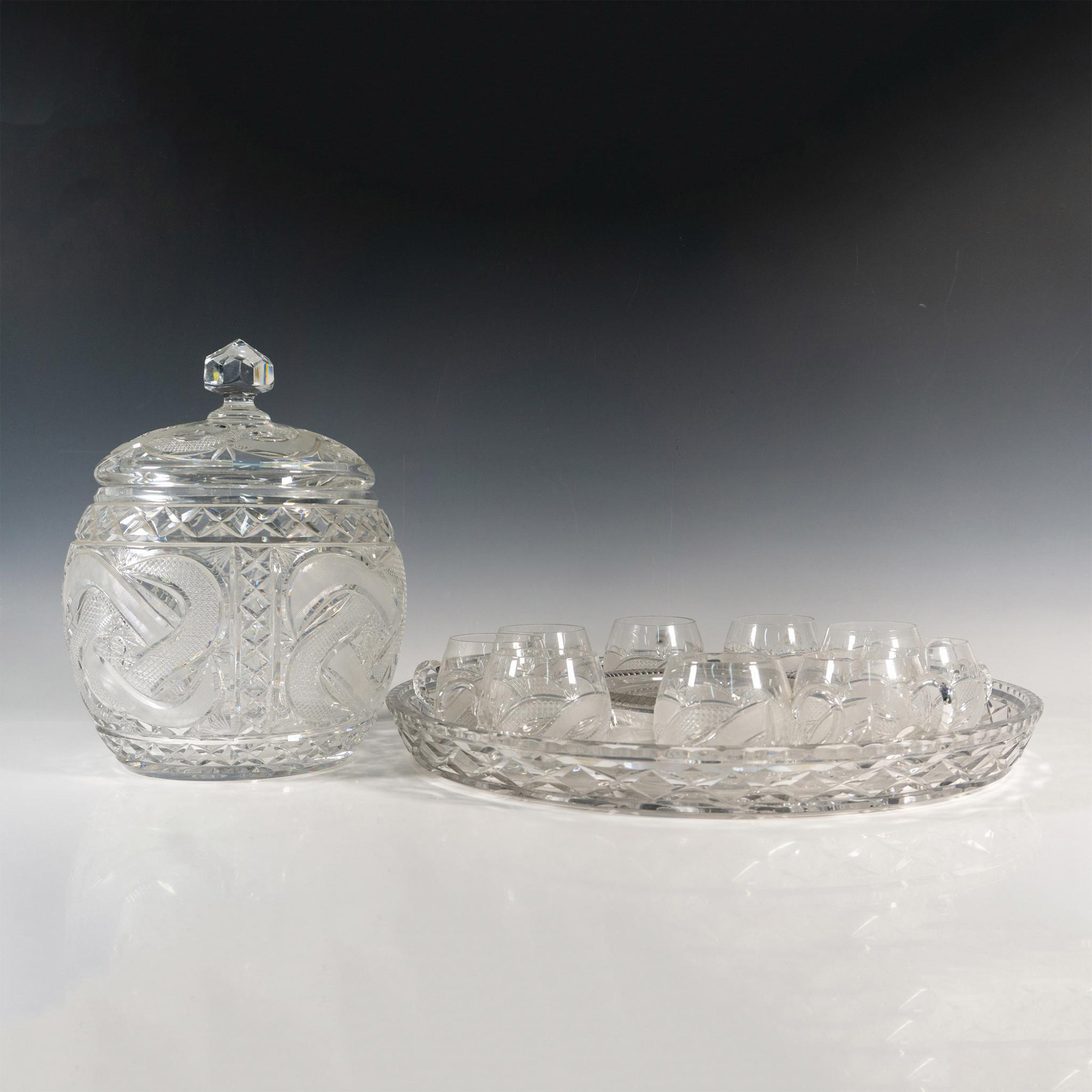 11pc Cut Crystal Lidded Punch Bowl, Tray & Cups Set - Image 2 of 4