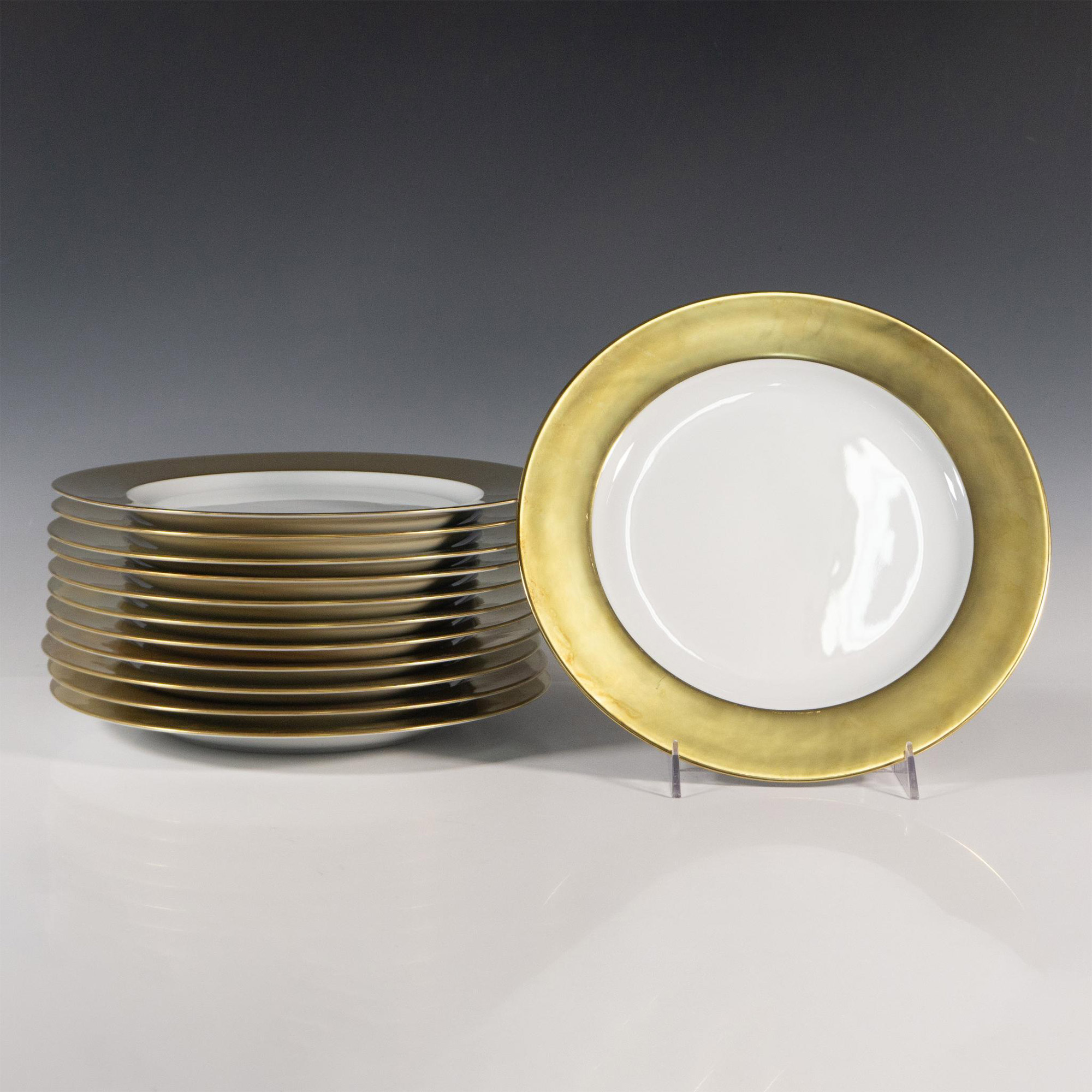 12pc Bernardaud Limoges Gold-Rimmed Dinner Plates