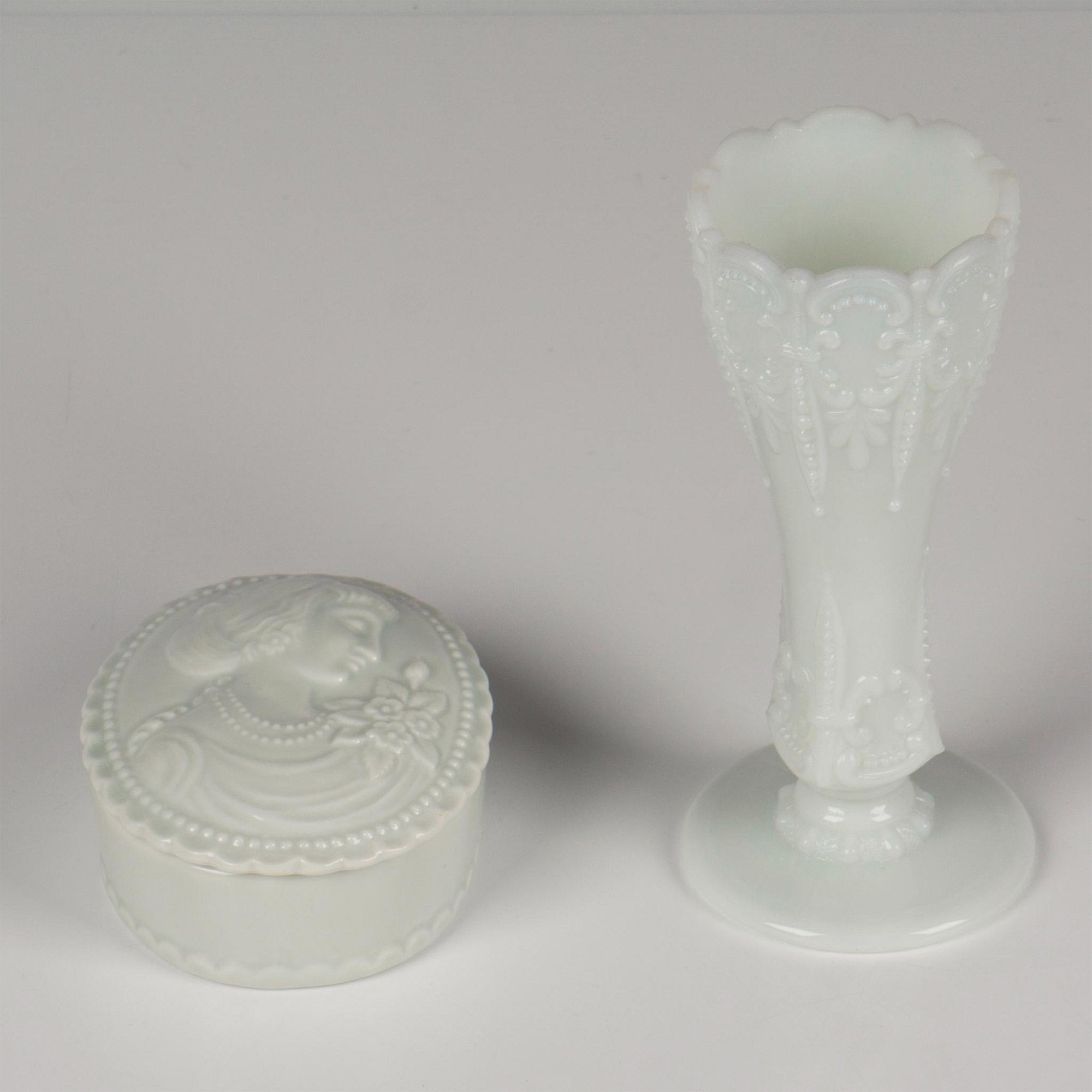 2pc Milk Glass and Porcelain Pair, Keepsake Box & Vase - Image 2 of 6