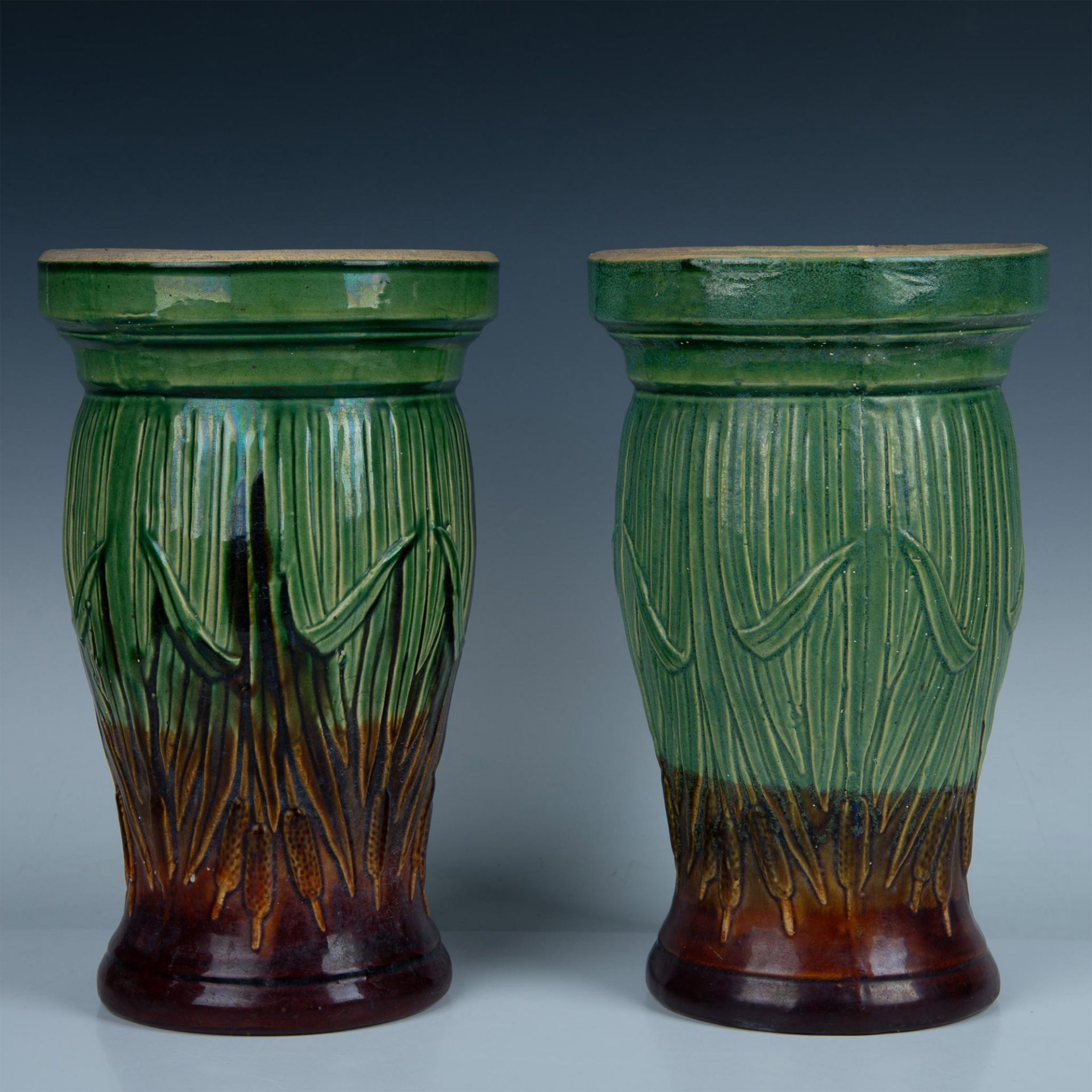 Pair of McCoy Pottery Cattail Jardiniere Pedestals