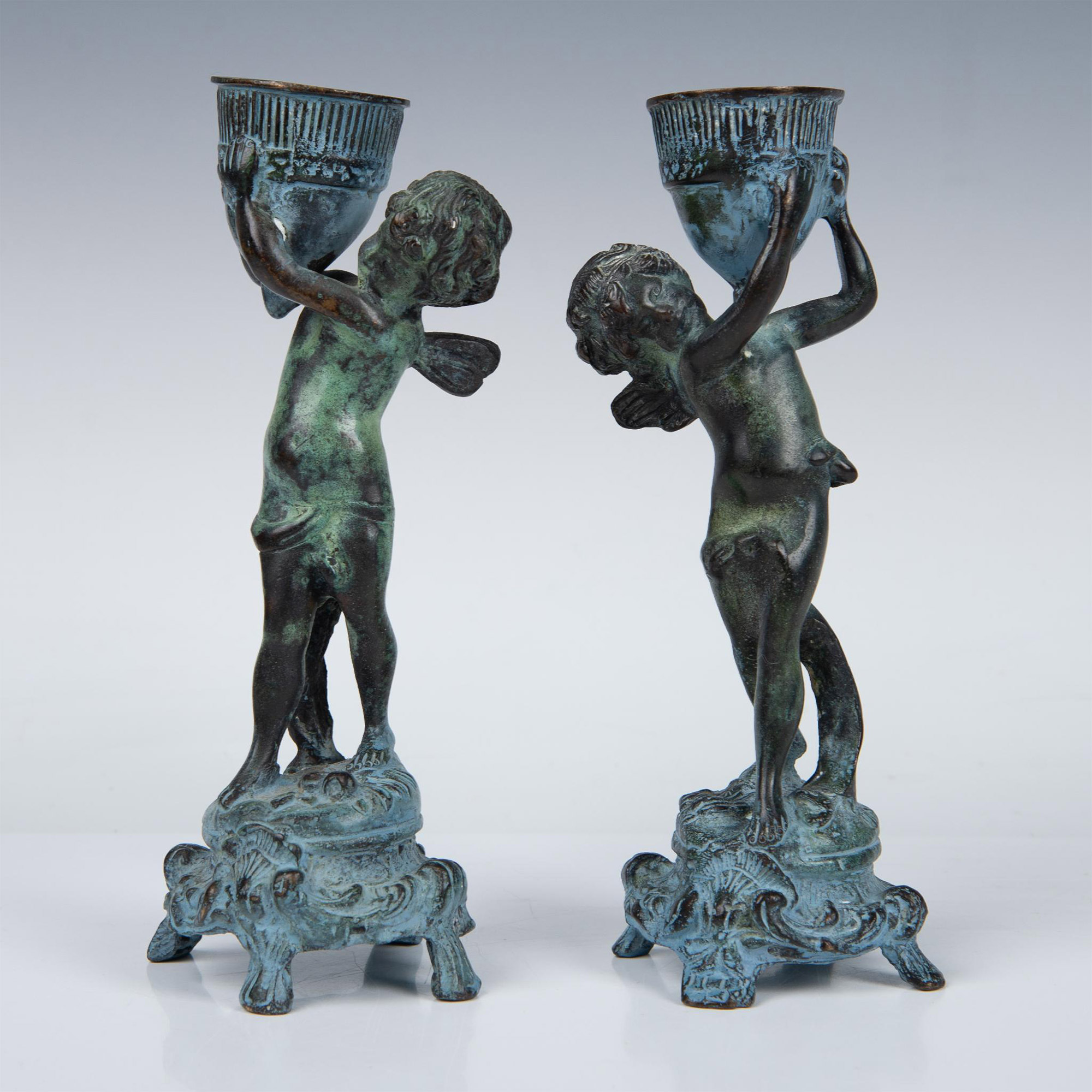 Pair of Maitland Smith Bronze Cherub Candle Holders