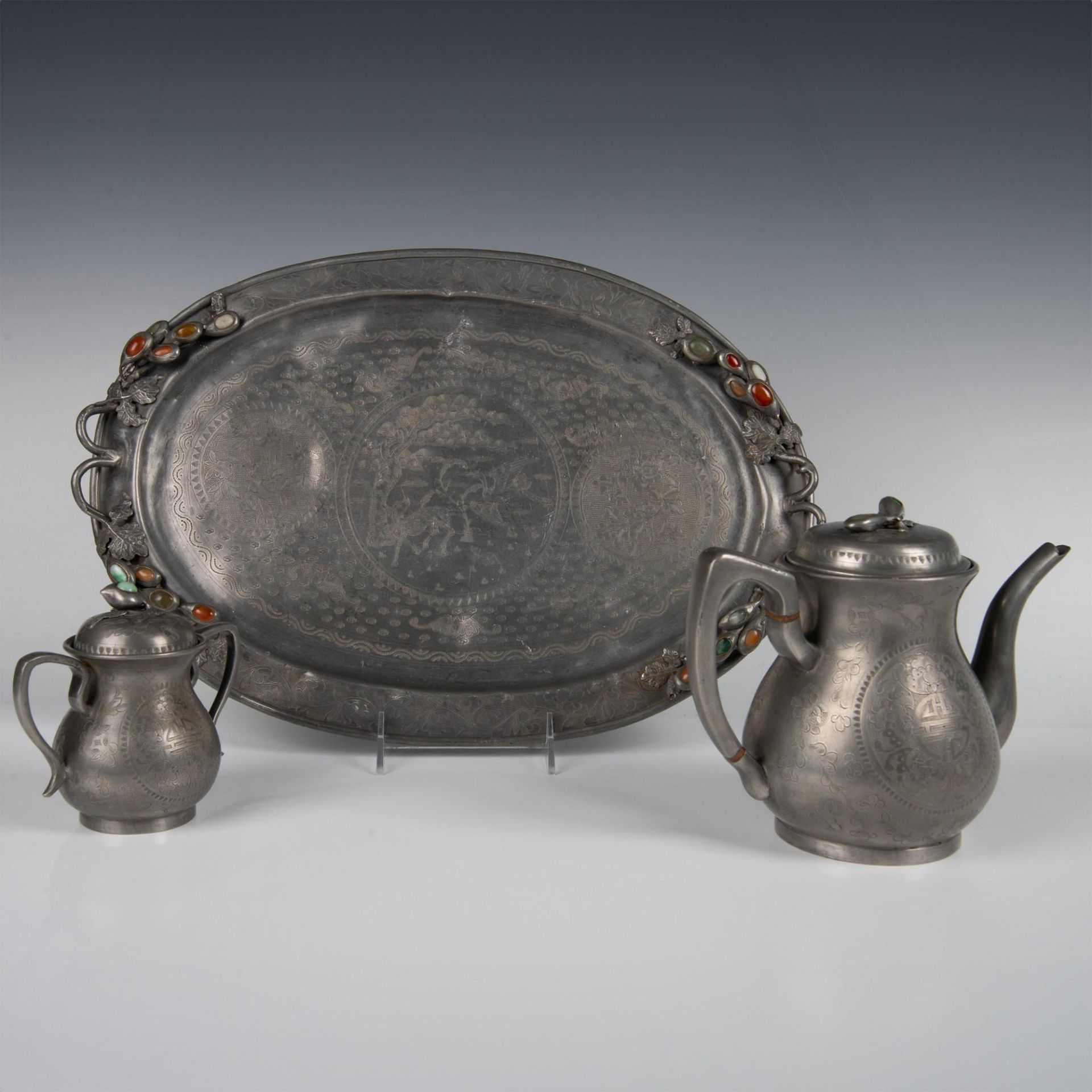 3pc Antique Chinese Pewter Tea Set - Image 2 of 18