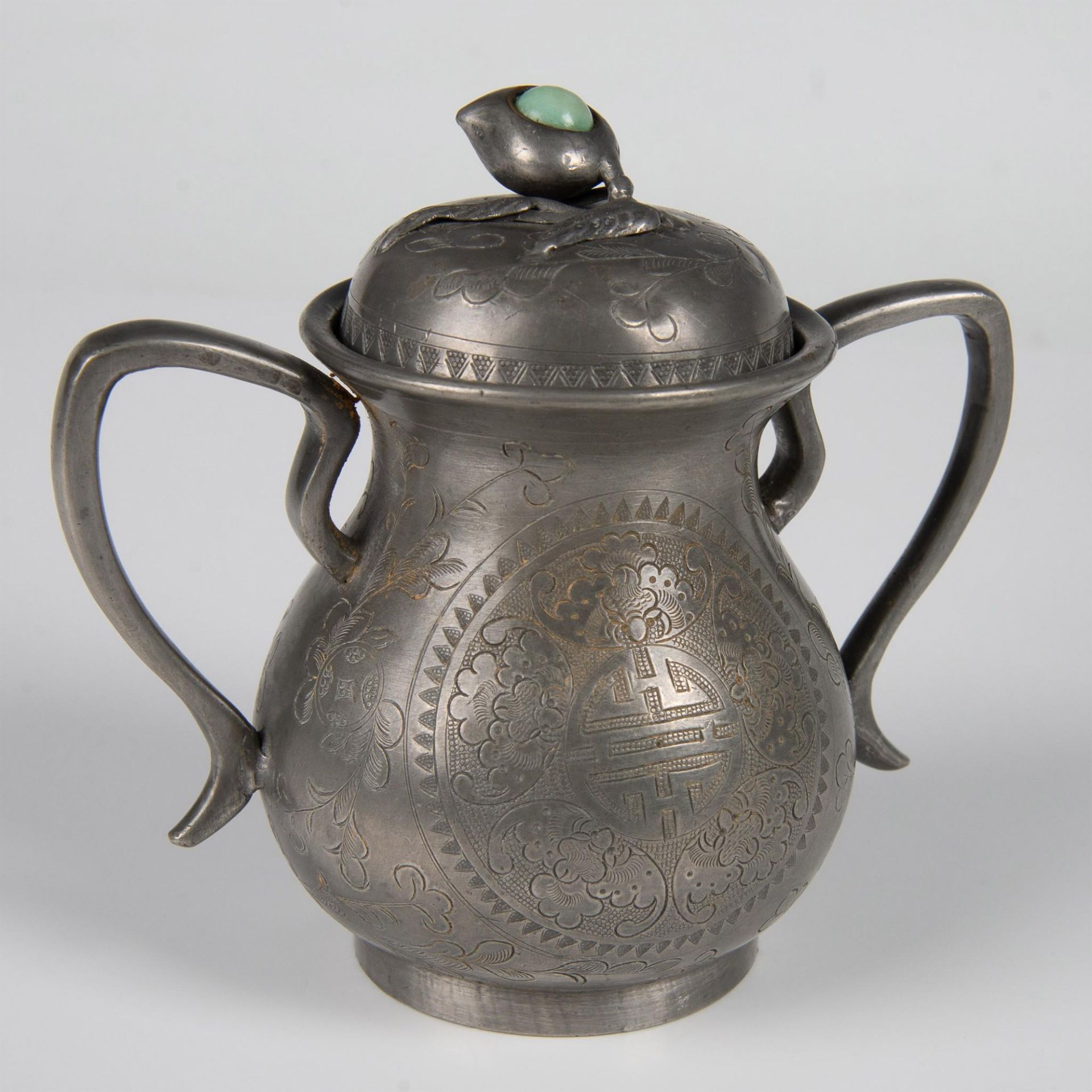 3pc Antique Chinese Pewter Tea Set - Image 7 of 18