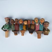 6pc Vintage Carved Wooden Figural Bottle Toppers