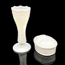 2pc Milk Glass and Porcelain Pair, Keepsake Box & Vase