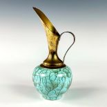 Mid-Century Delft Hand Painted Porcelain Pitcher Brass Vase