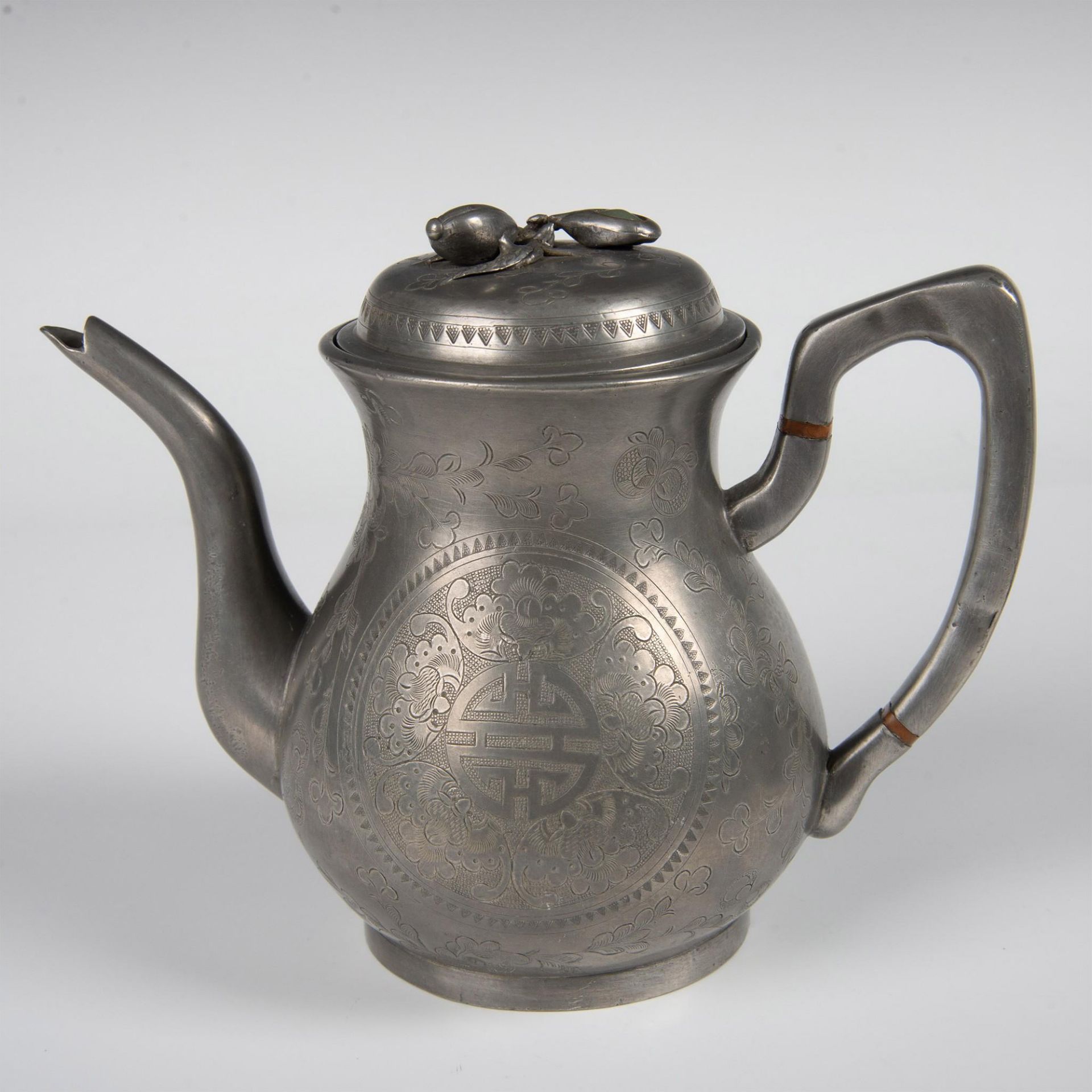 3pc Antique Chinese Pewter Tea Set - Image 10 of 18