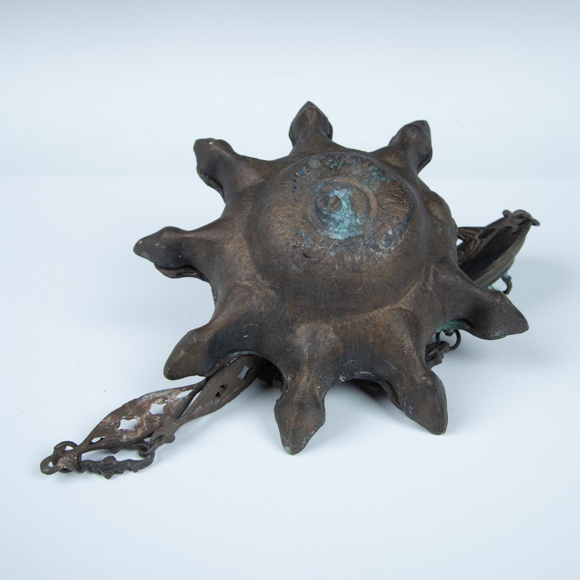 Antique Shabbat Hanging Oil Lamp with Nozzles, Bronze - Image 4 of 4