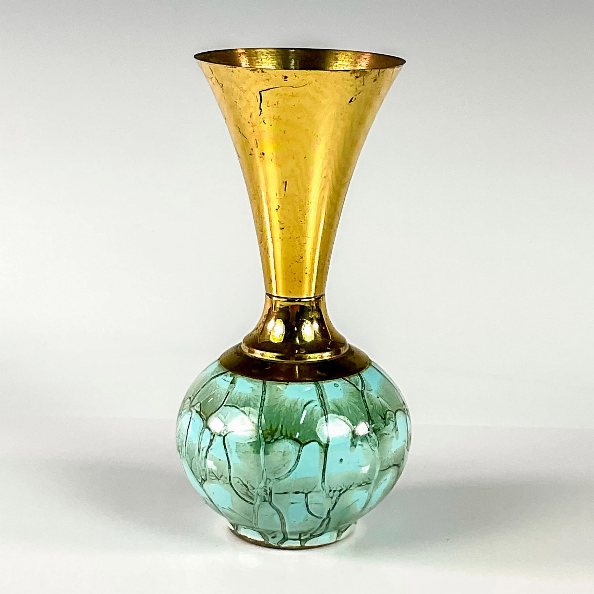 Mid-Century Modern Delft Marbled Glaze Brass Vase - Image 2 of 3