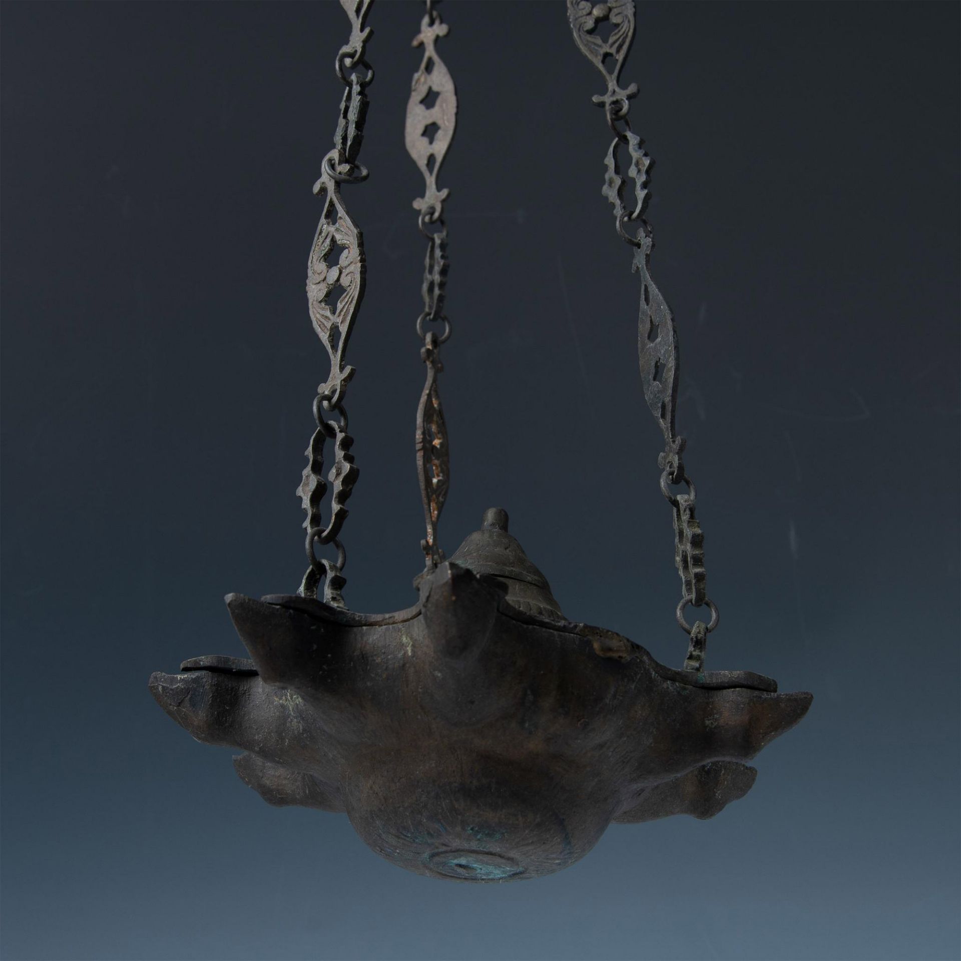 Antique Shabbat Hanging Oil Lamp with Nozzles, Bronze