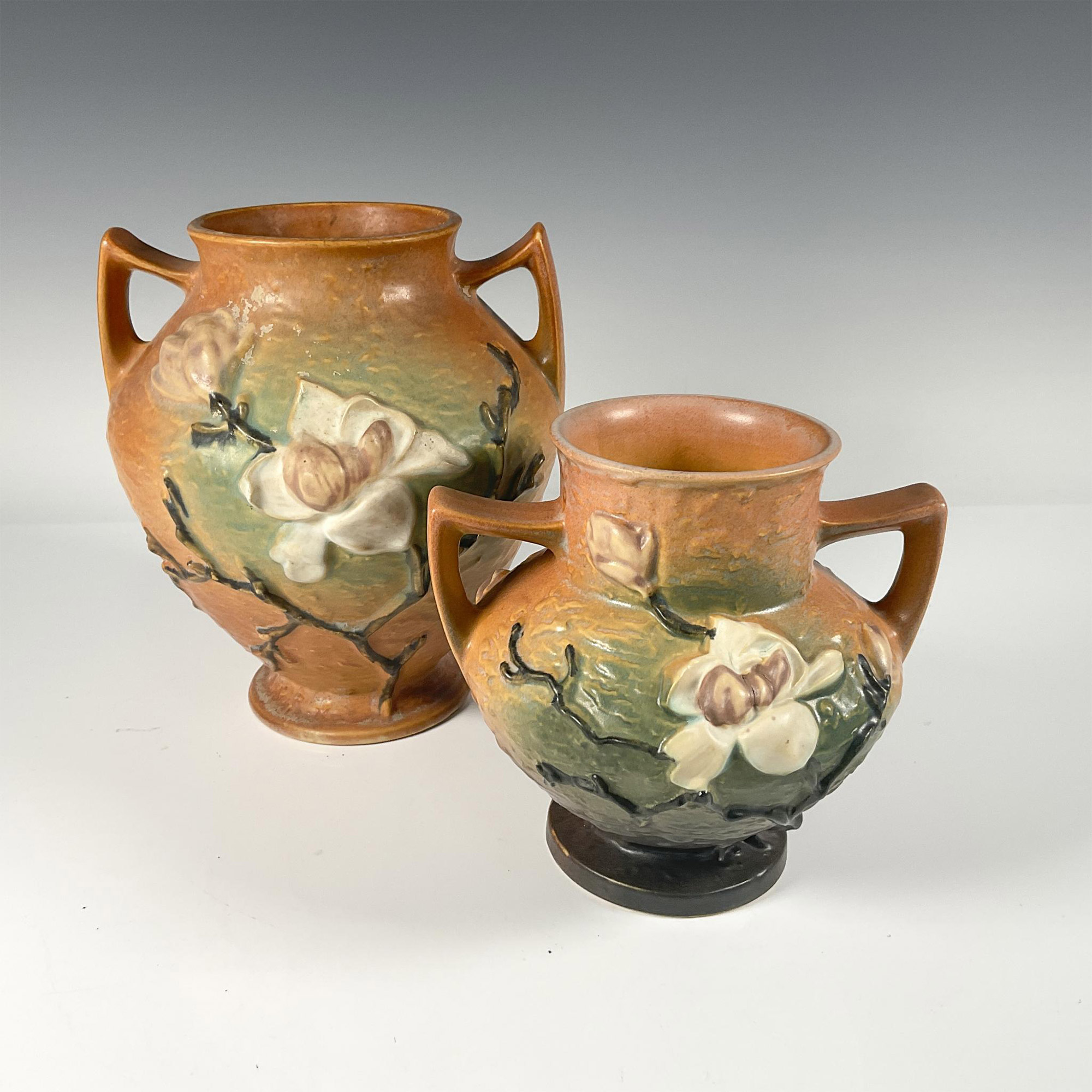 2pc Roseville Pottery, Brown Magnolia Vases 92 and 180 - Image 2 of 3