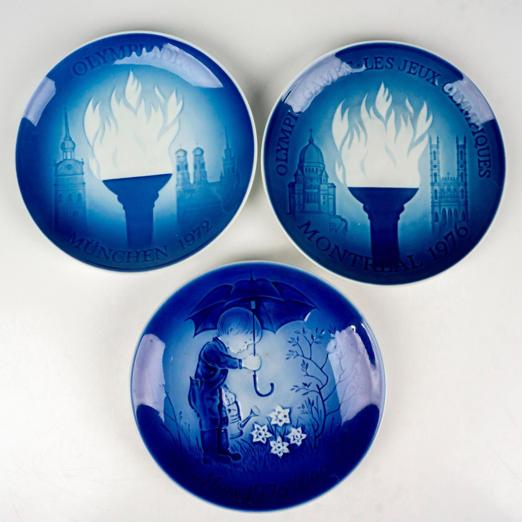 3pc Vintage Danish Porcelain Blue Cabinet Plates