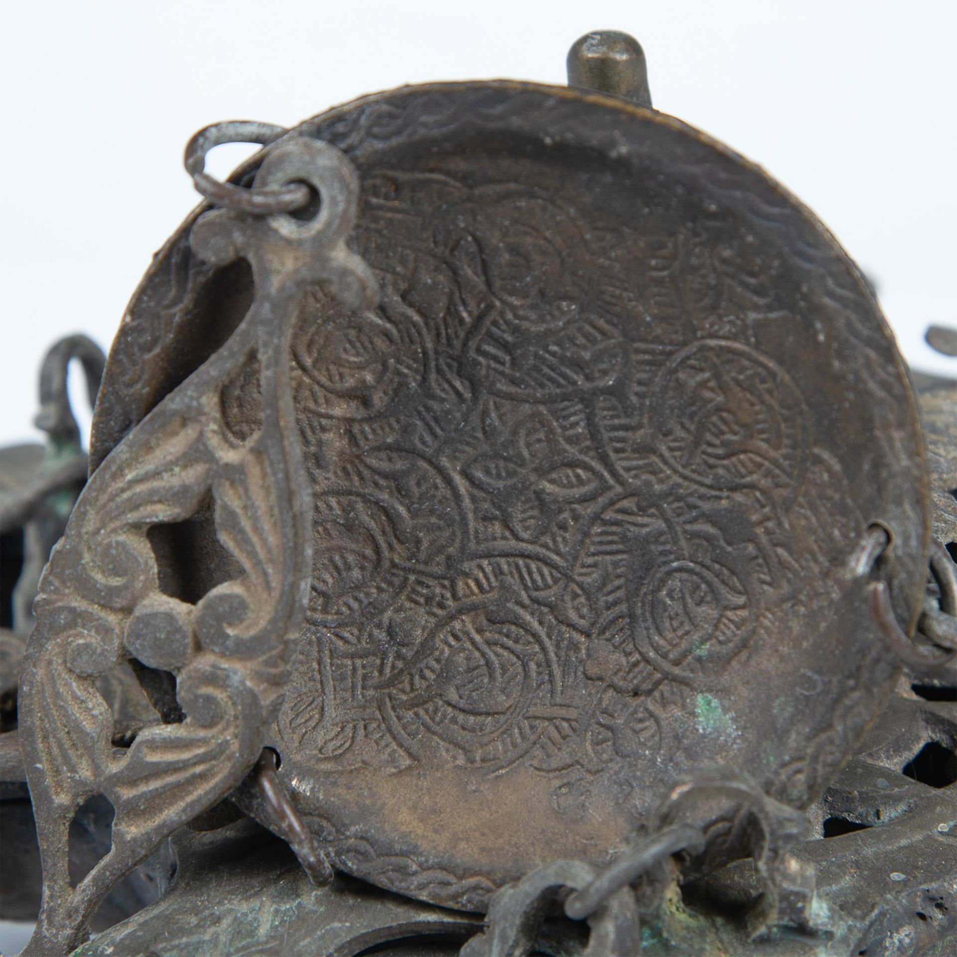 Antique Shabbat Hanging Oil Lamp with Nozzles, Bronze - Image 3 of 4