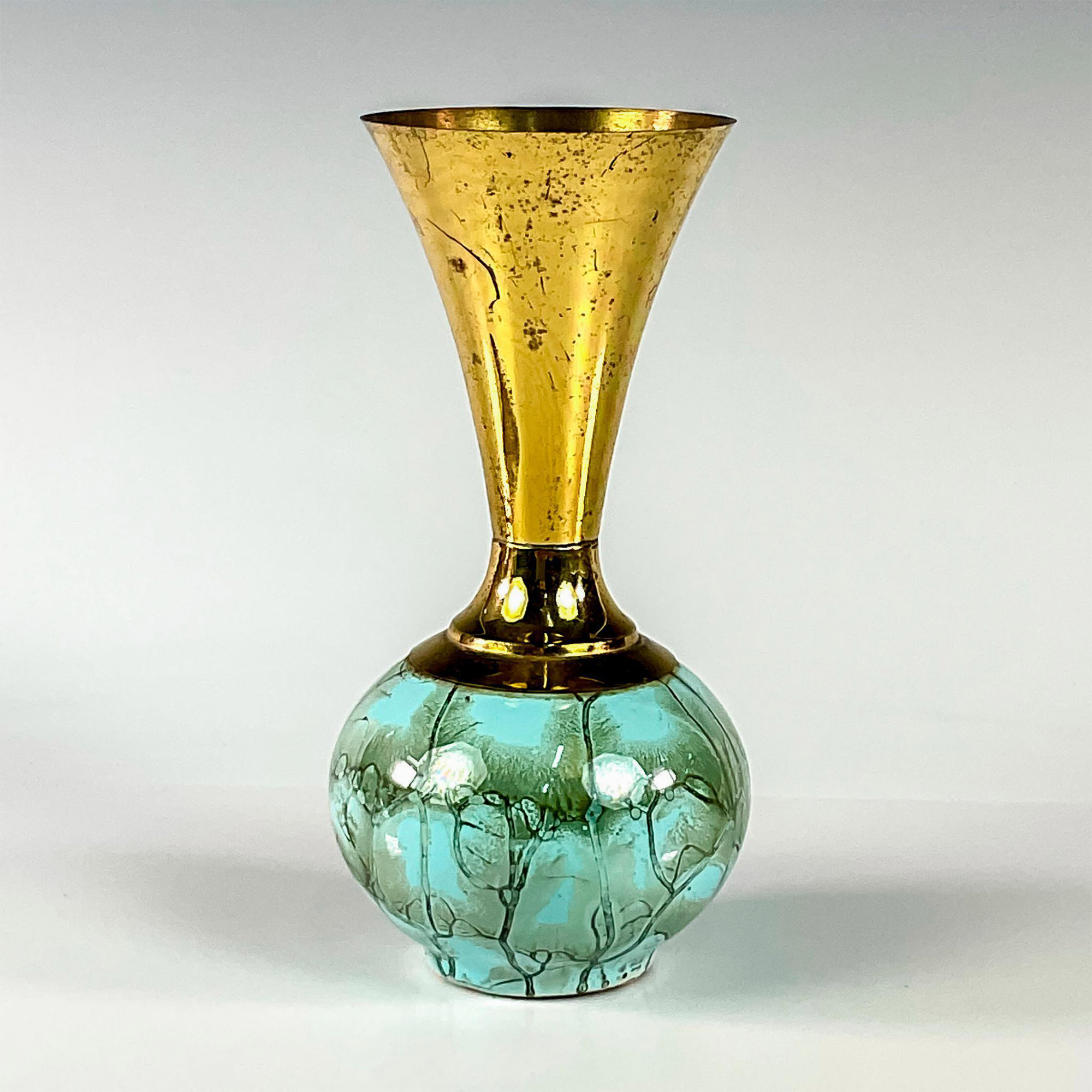 Mid-Century Modern Delft Marbled Glaze Brass Vase