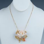 Gorgeous Large 18K Gold, Coral & Diamond Rose Pendant Brooch