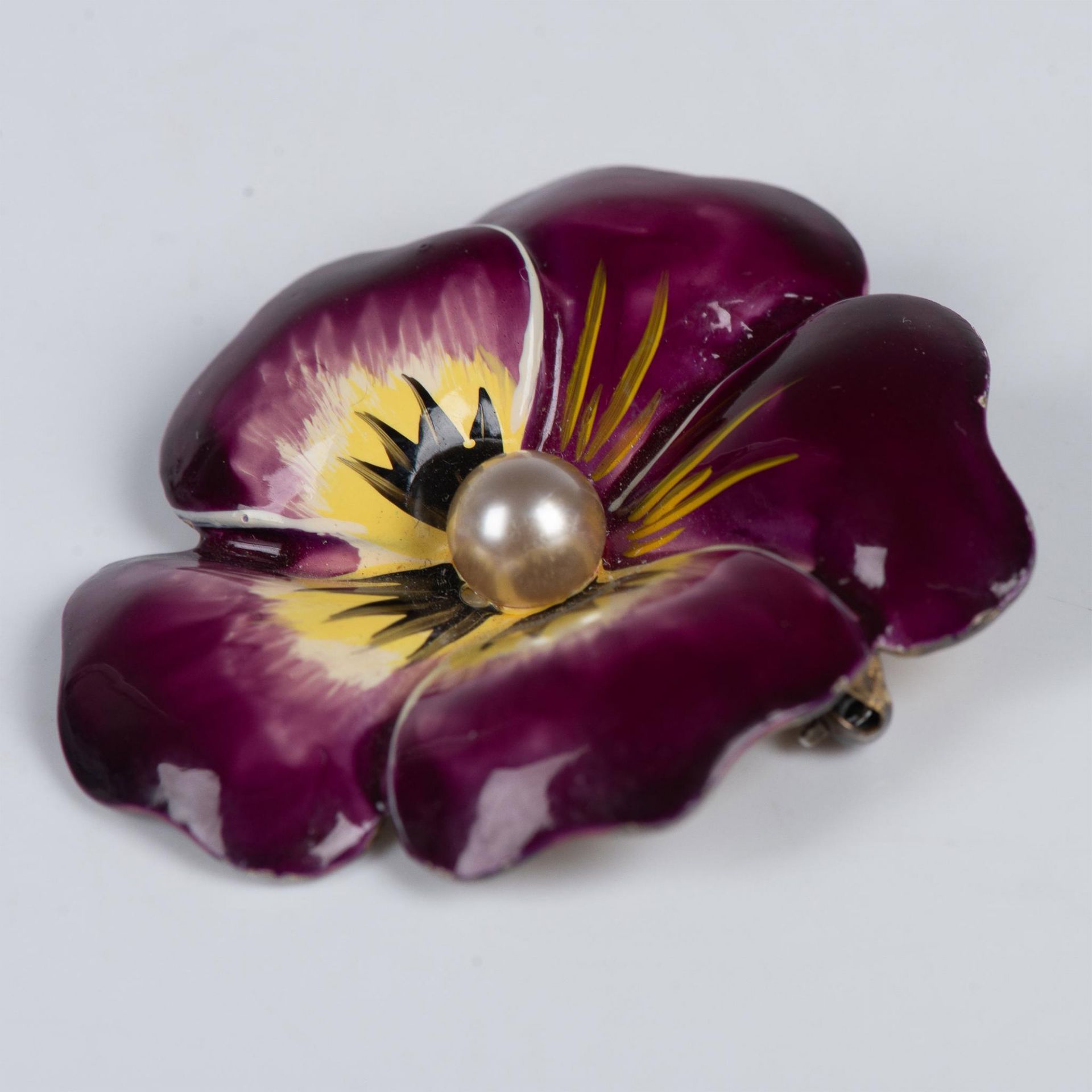 Lampl Pansy Enamel and Sterling Silver Brooch Pearl Center - Image 3 of 3