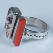M. Slim Navajo Sterling, Coral & Wild Horse Magnesite Ring