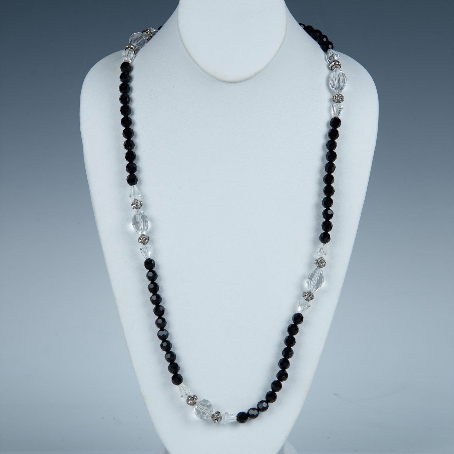 Classy Long Black and Clear Faceted Bead Necklace