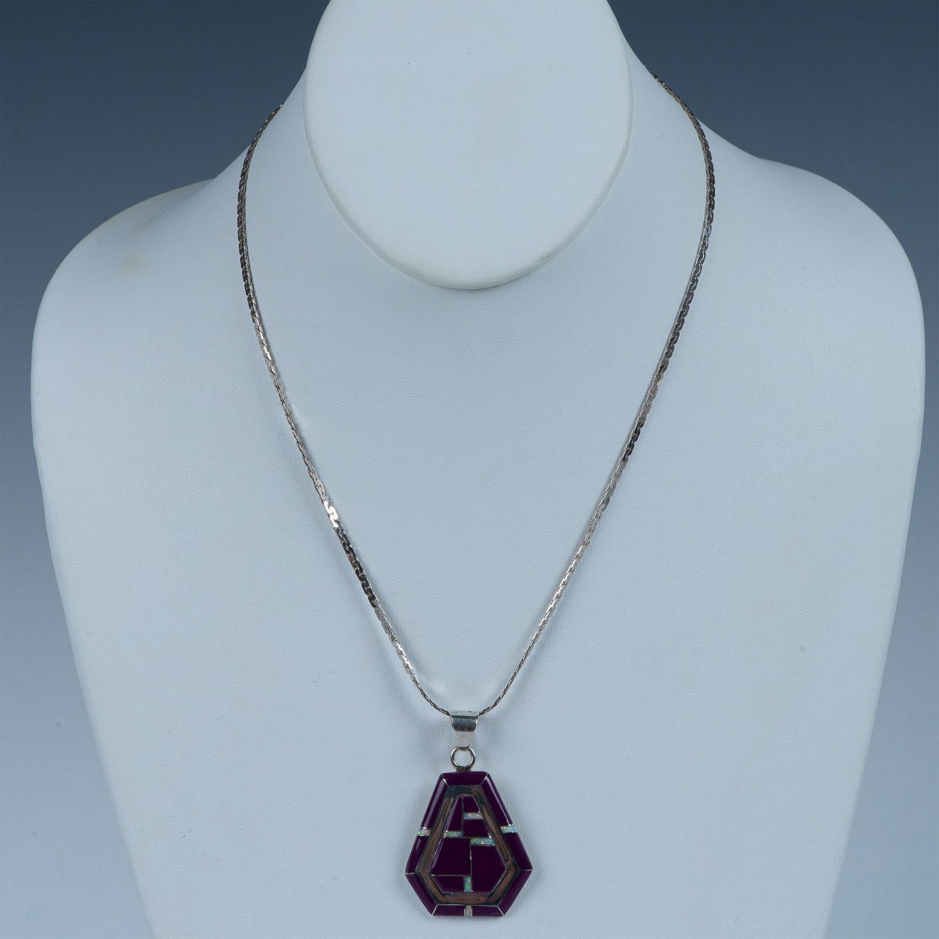 Cecil Sanders Navajo Sterling, Purple Enamel & Opal Necklace - Image 2 of 5