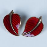 Stunning Norwegian Sterling & Red Enamel Leaf Clip Earrings