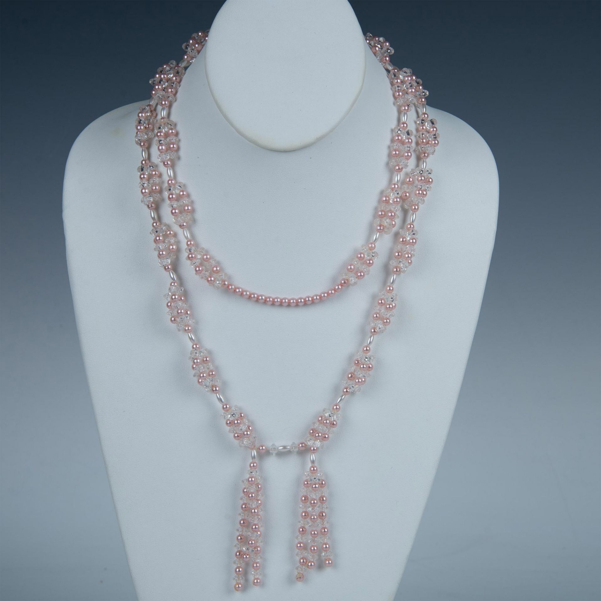 Cute Long Pink & White Faux Pearl Beaded Tassel Necklace