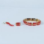 3pc Golden Sterling Silver and Coral Pendant, Ring, Bracelet